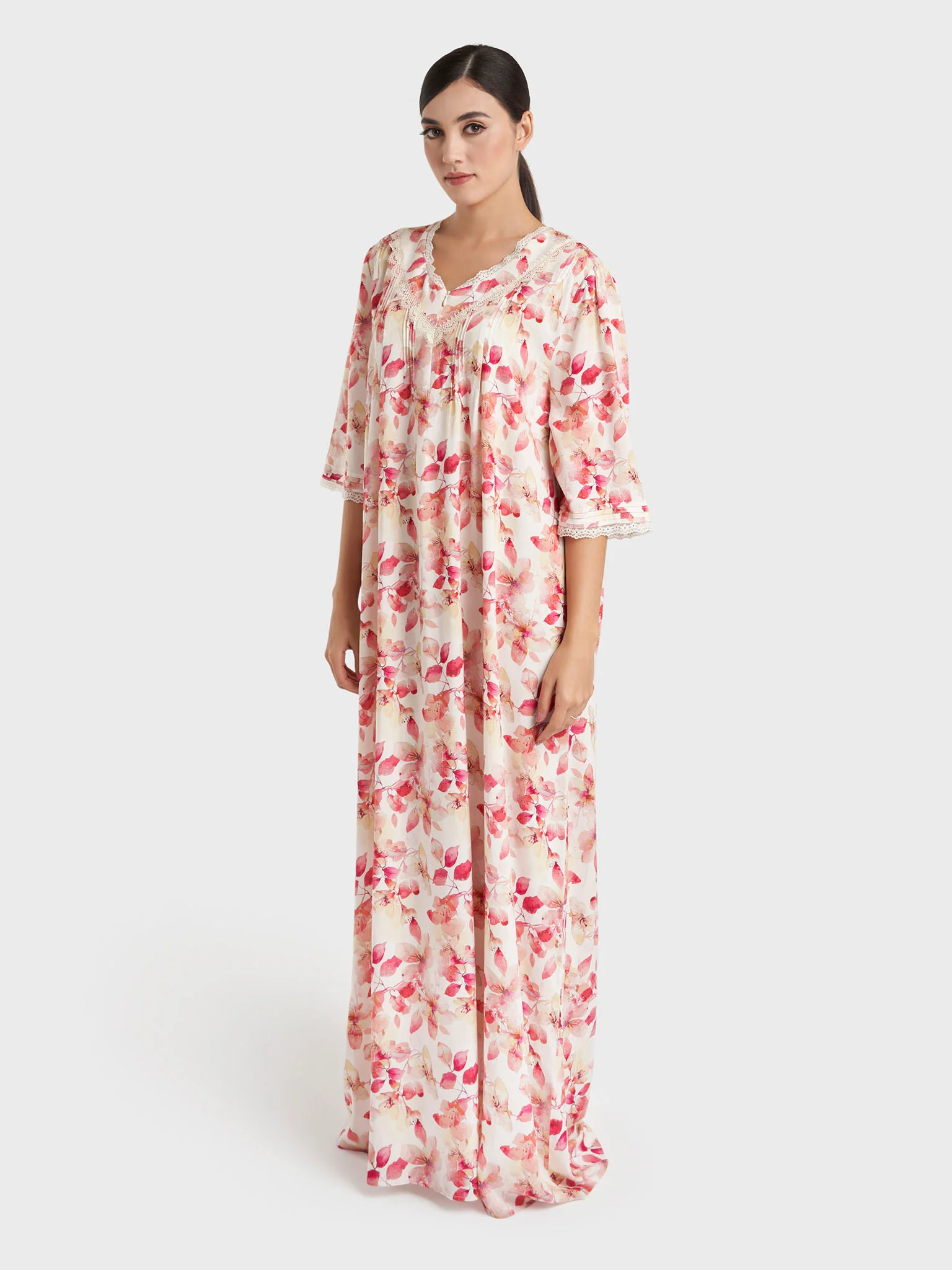 Red Print Rayon Long Nightwear Dress (CNH484) - Image 3