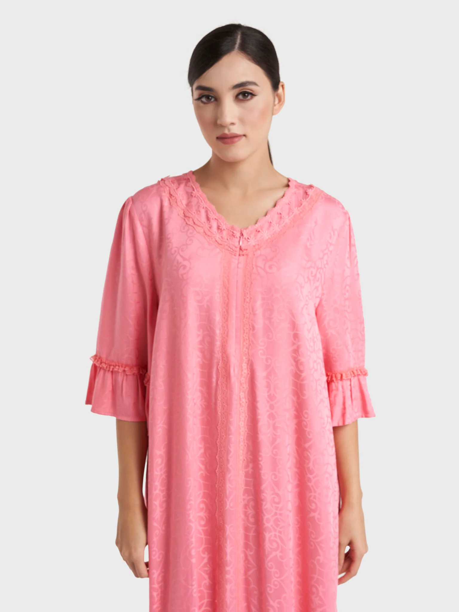 Salmon Jacqurd Damask Print Rayon Long Nightwear Dress (CNH488)