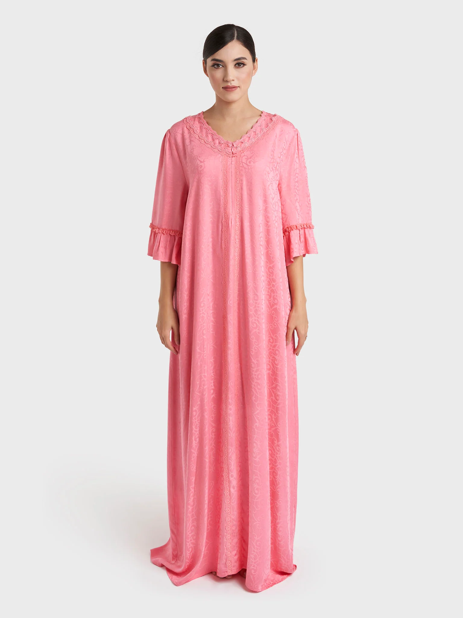 Salmon Jacqurd Damask Print Rayon Long Nightwear Dress (CNH488) - Image 2