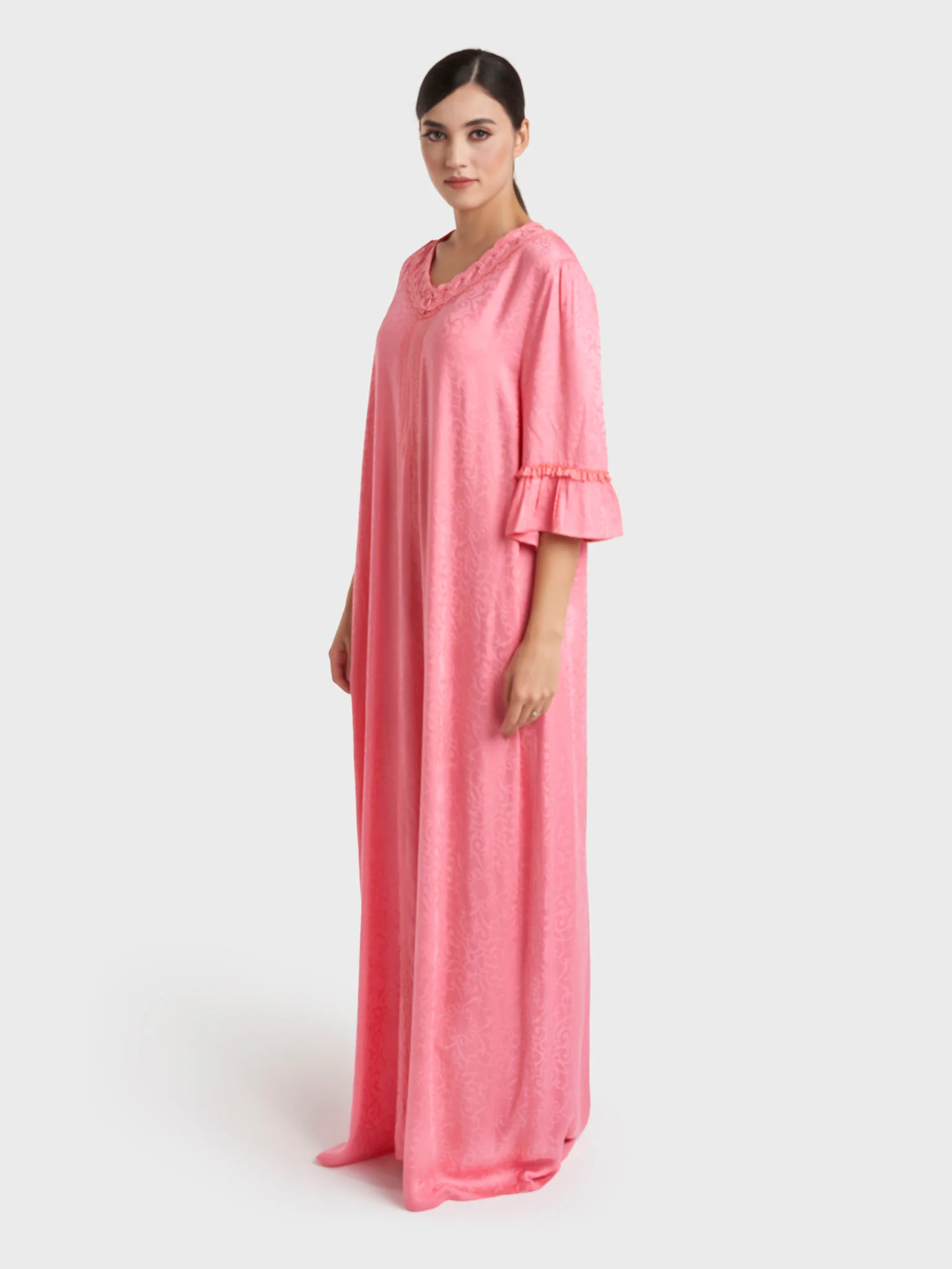 Salmon Jacqurd Damask Print Rayon Long Nightwear Dress (CNH488) - Image 3