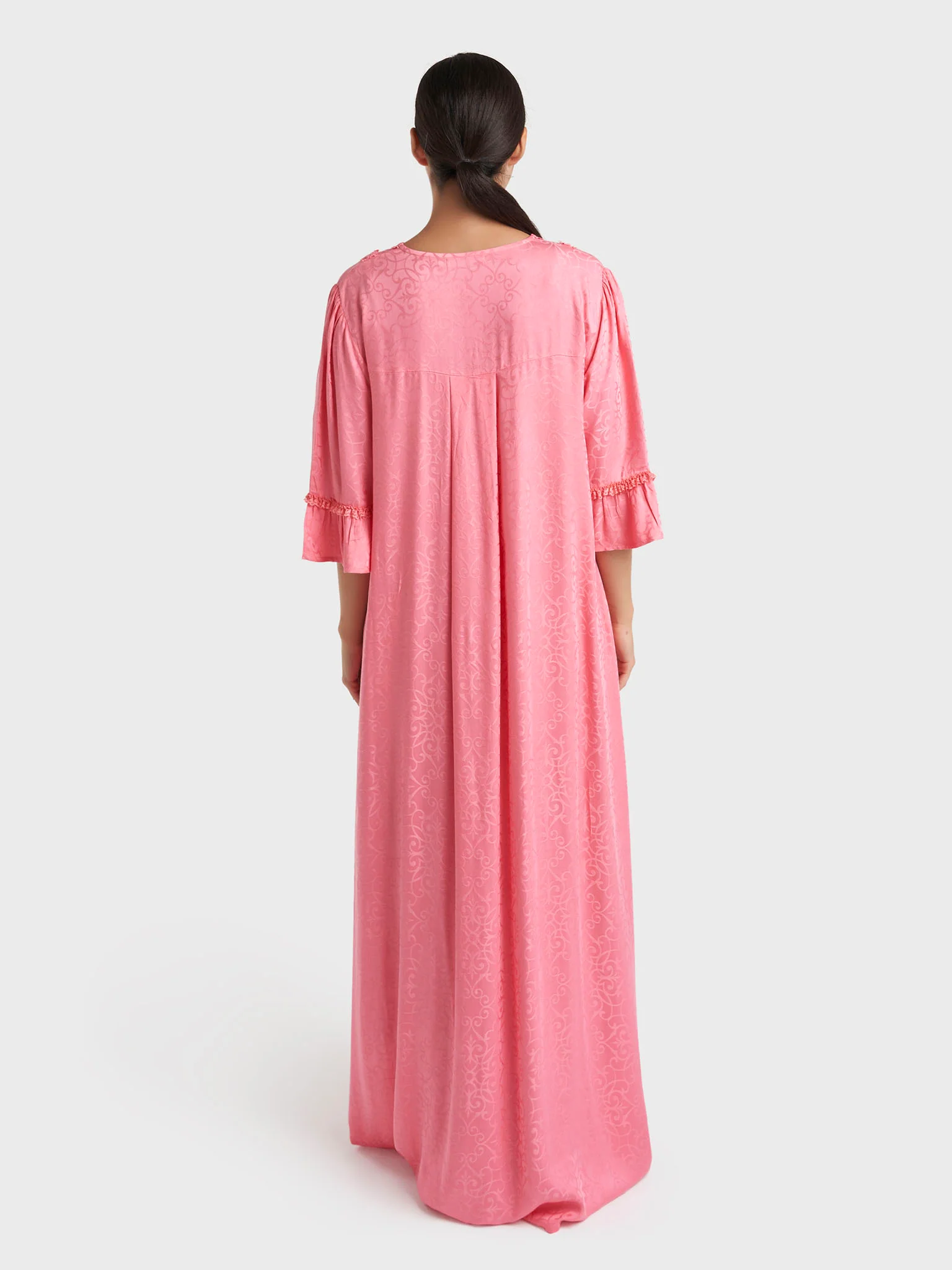 Salmon Jacqurd Damask Print Rayon Long Nightwear Dress (CNH488) - Image 4