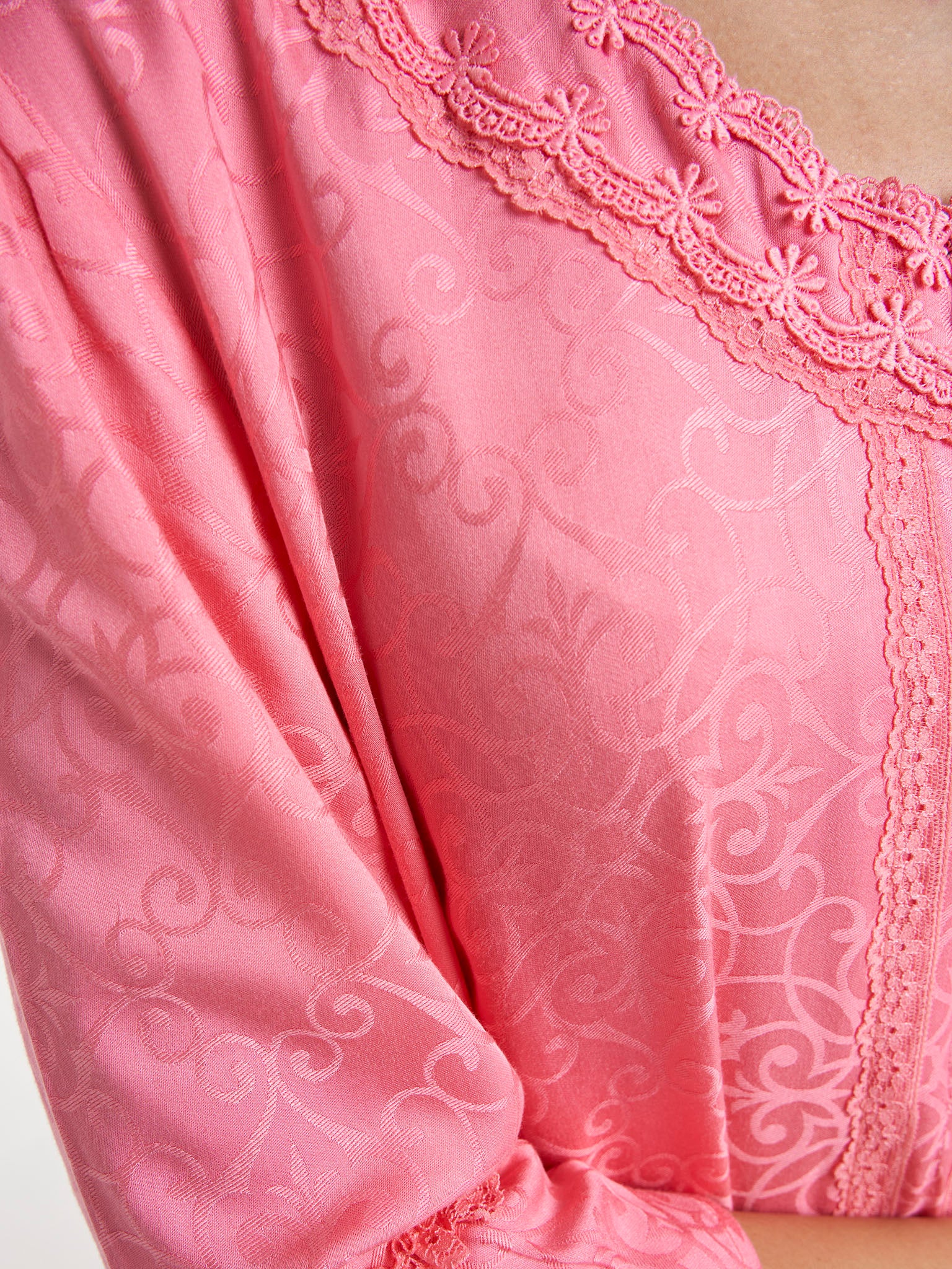 Salmon Jacqurd Damask Print Rayon Long Nightwear Dress (CNH488) - Image 5