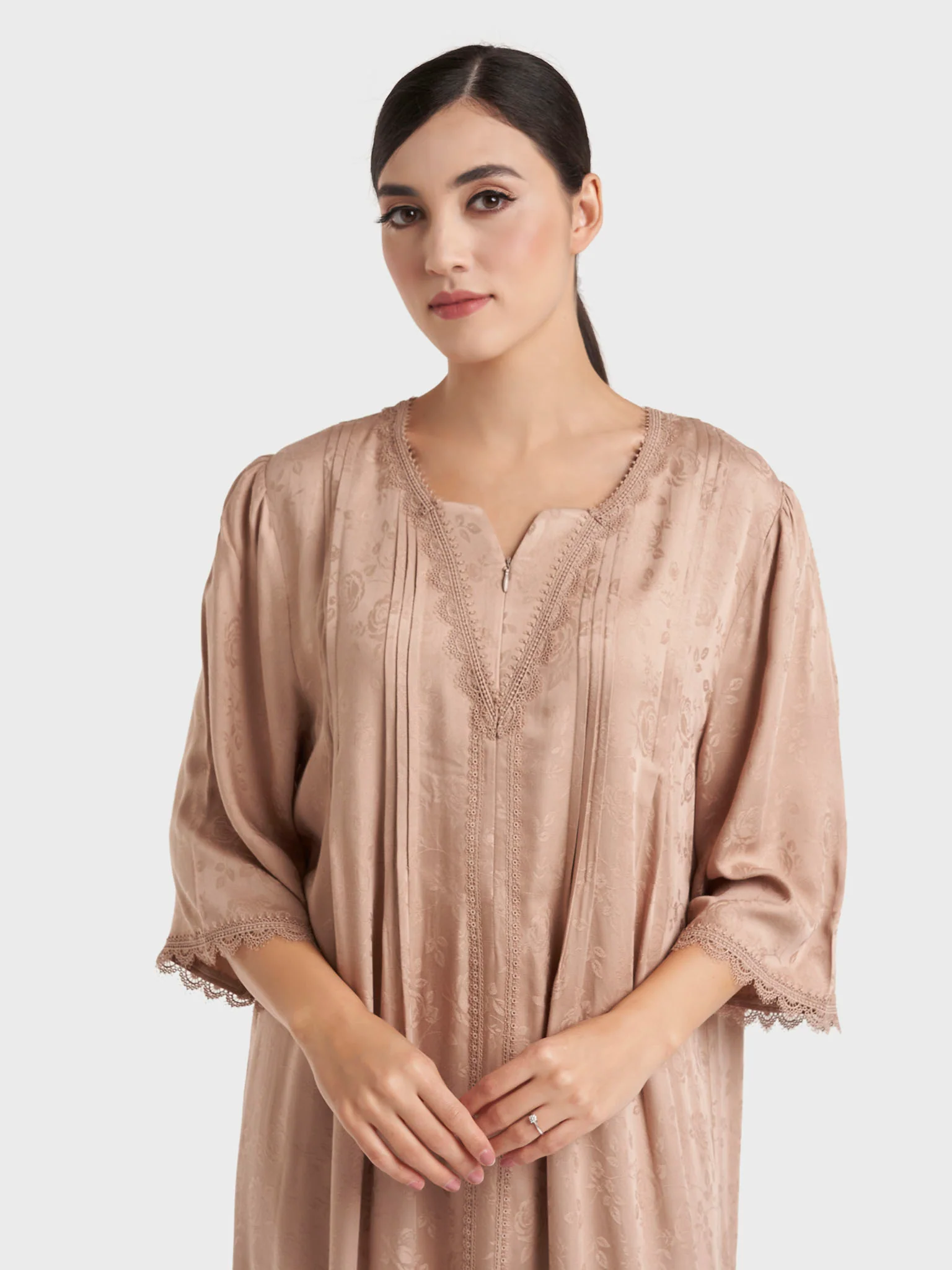 Brown Jacuard Floral Print Rayon Long Nightwear Dress (CNH489)