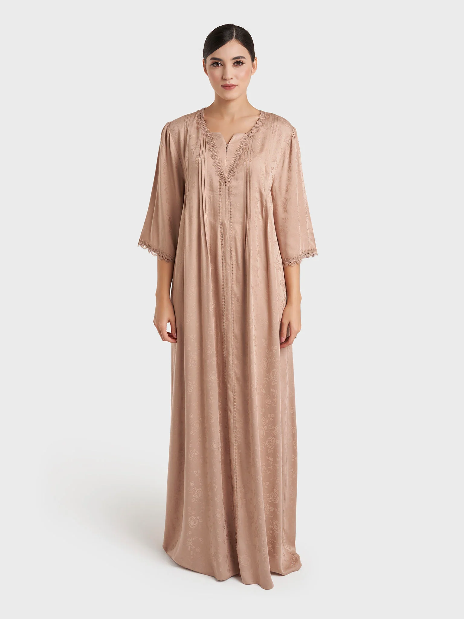 Brown Jacuard Floral Print Rayon Long Nightwear Dress (CNH489) - Image 2
