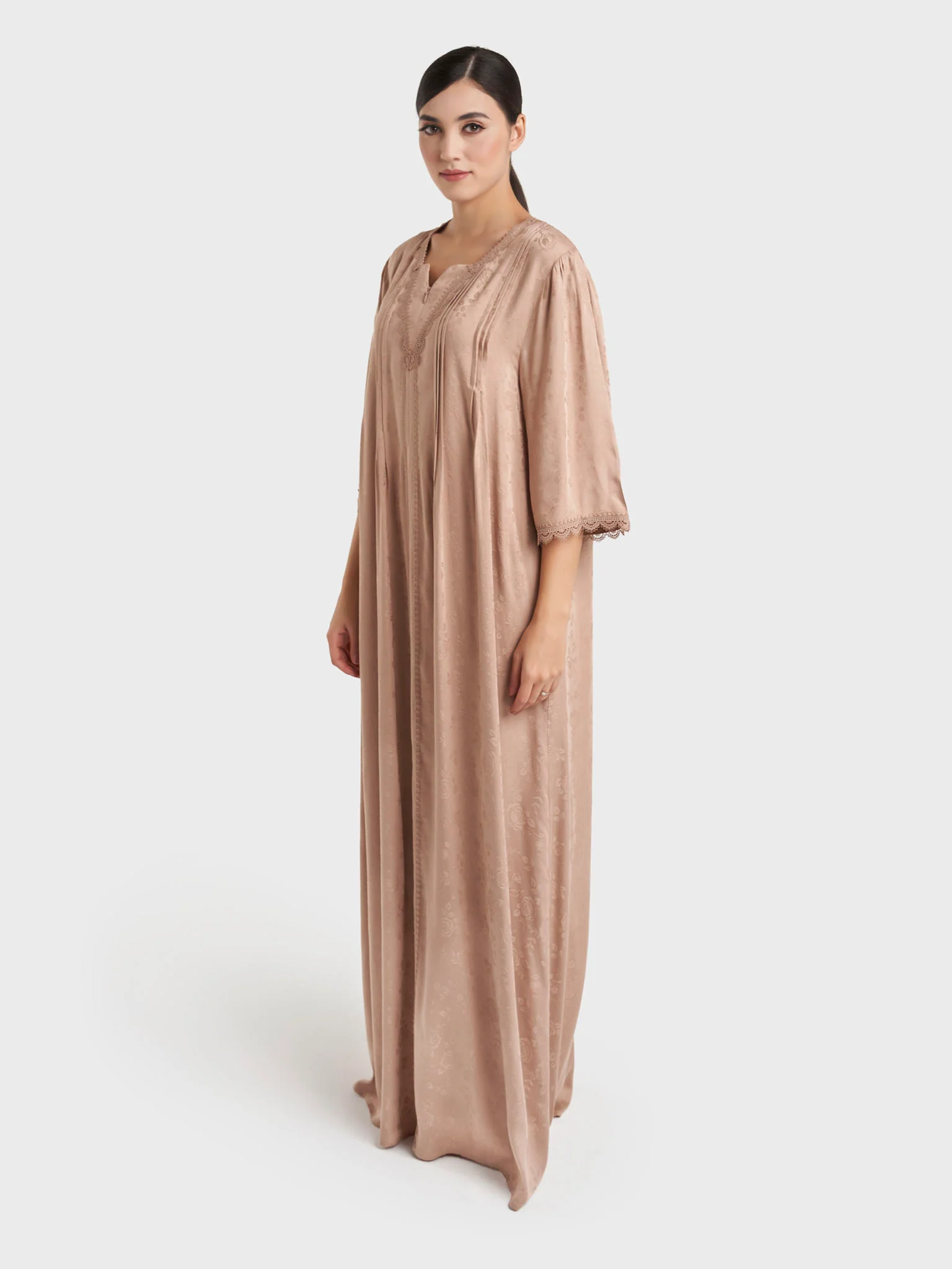 Brown Jacuard Floral Print Rayon Long Nightwear Dress (CNH489) - Image 3