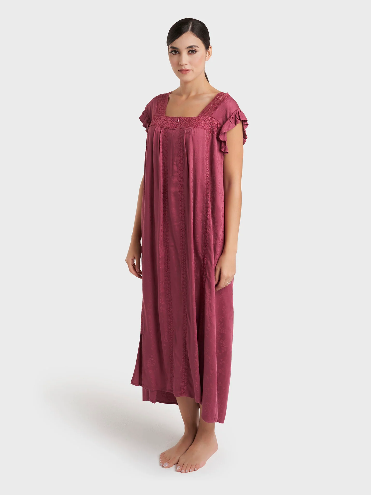 Maroon Jacquard Floral Print Rayon Long Nightwear Dress (CNH491) - Image 3