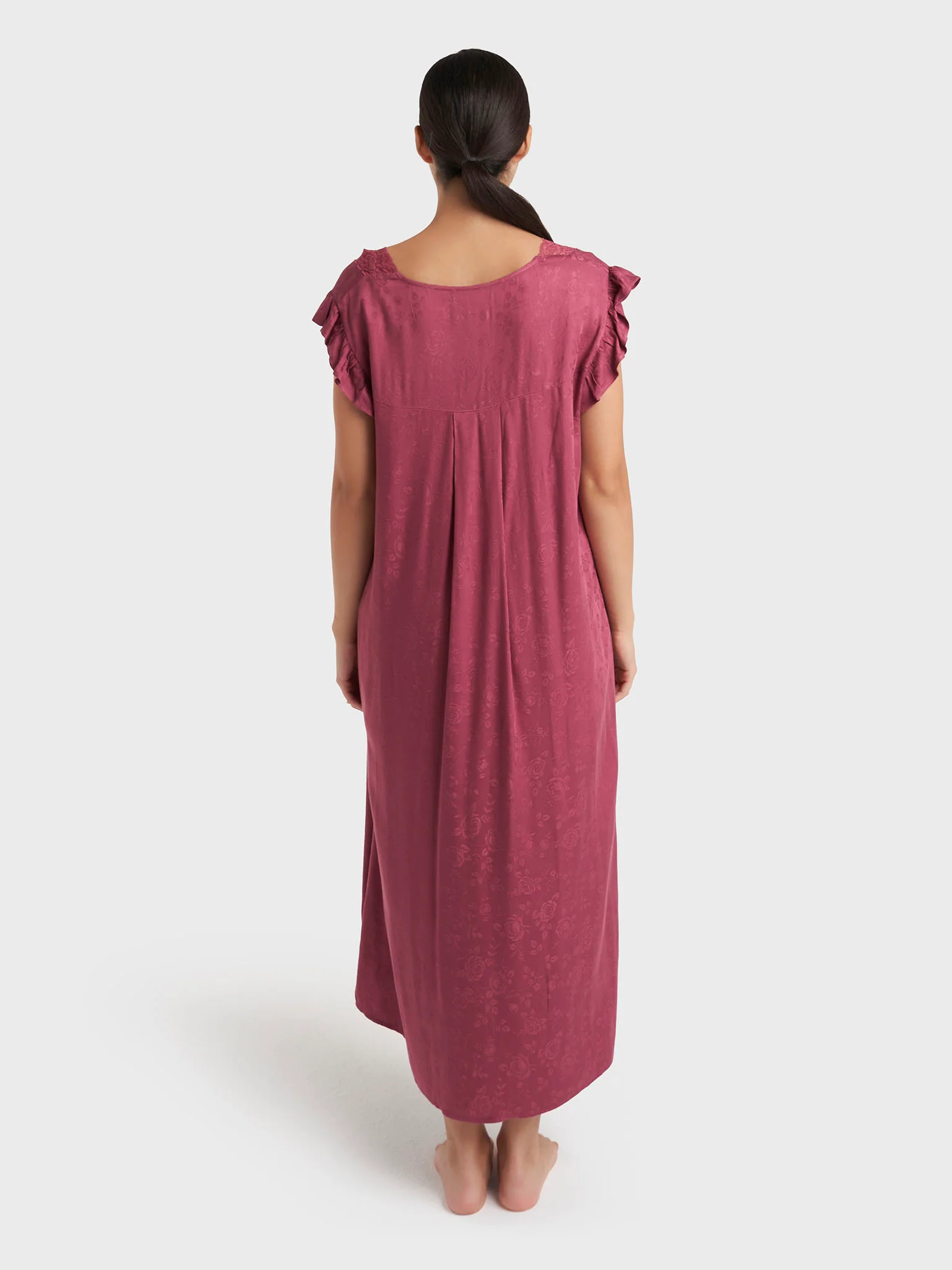 Maroon Jacquard Floral Print Rayon Long Nightwear Dress (CNH491) - Image 4