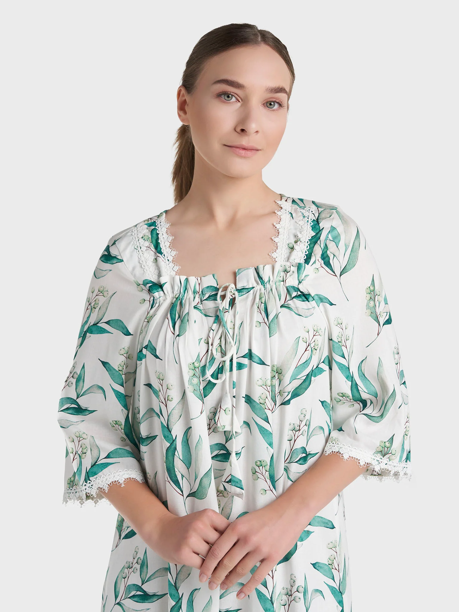 White Rayon Leaf Printed Long Nightwear Dress (REM2197B)