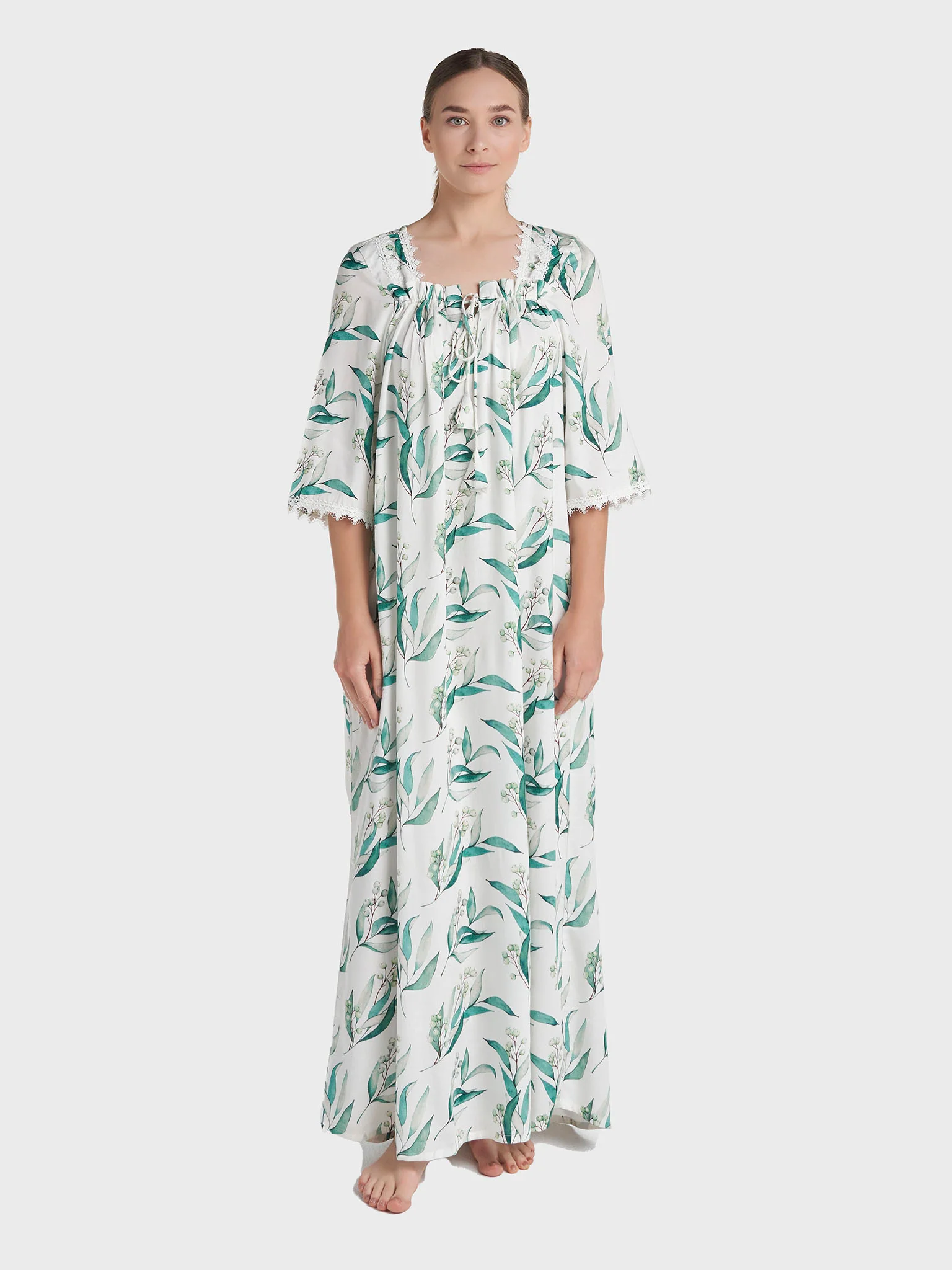 White Rayon Leaf Printed Long Nightwear Dress (REM2197B) - Image 2