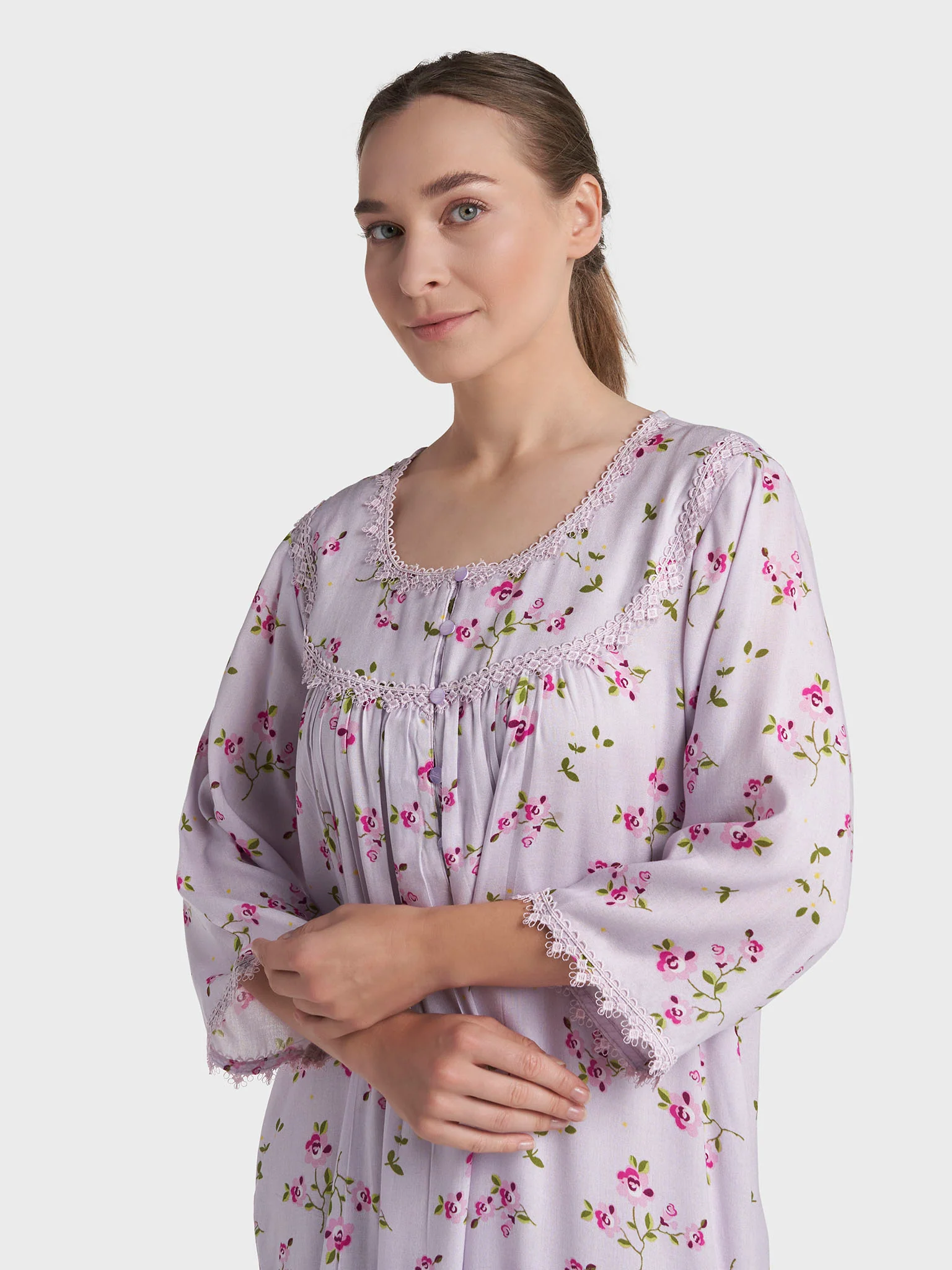 Lavender Rayon Floral Printed Long Nightwear Dress (REM2858A)