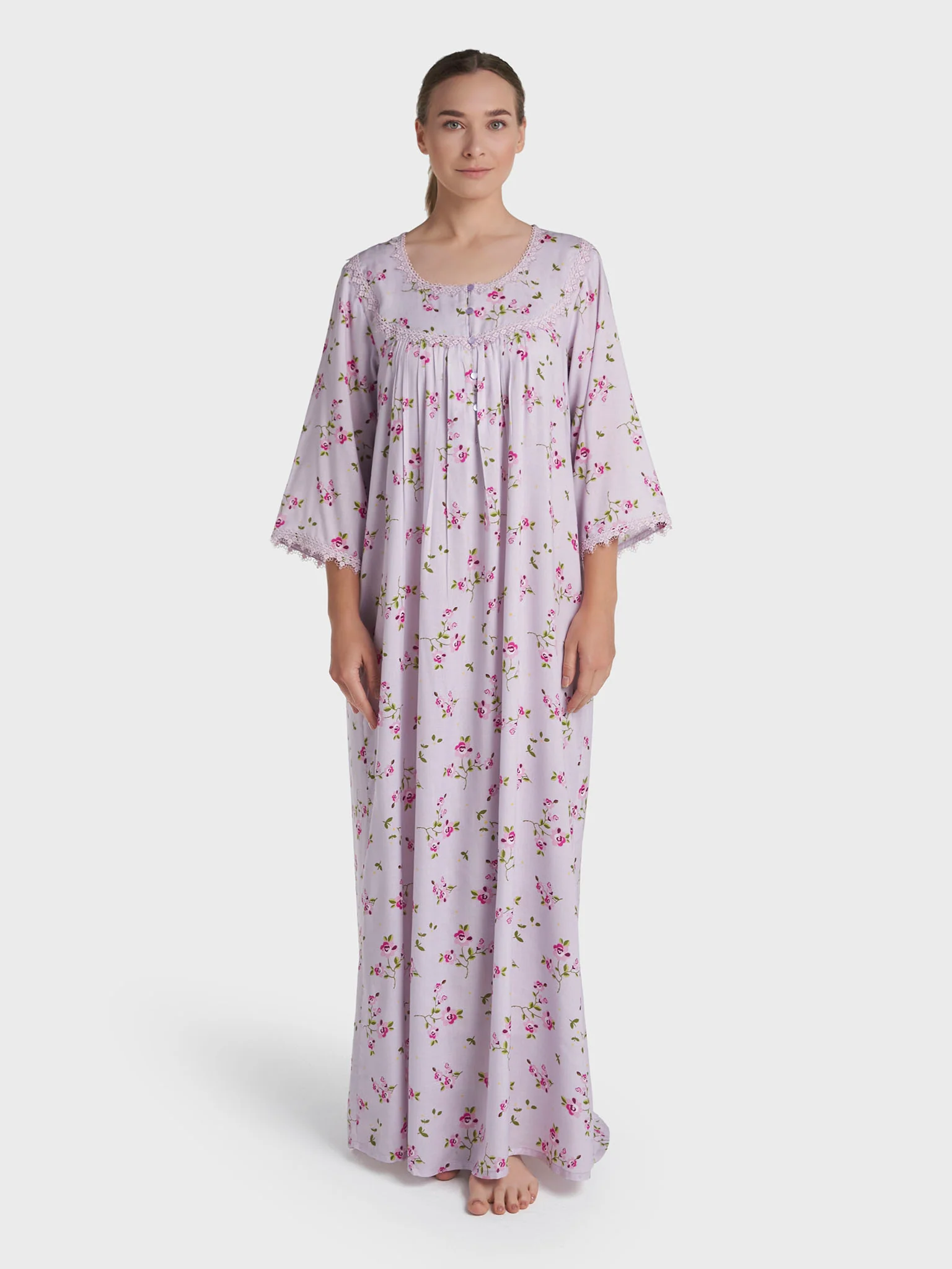 Lavender Rayon Floral Printed Long Nightwear Dress (REM2858A) - Image 2