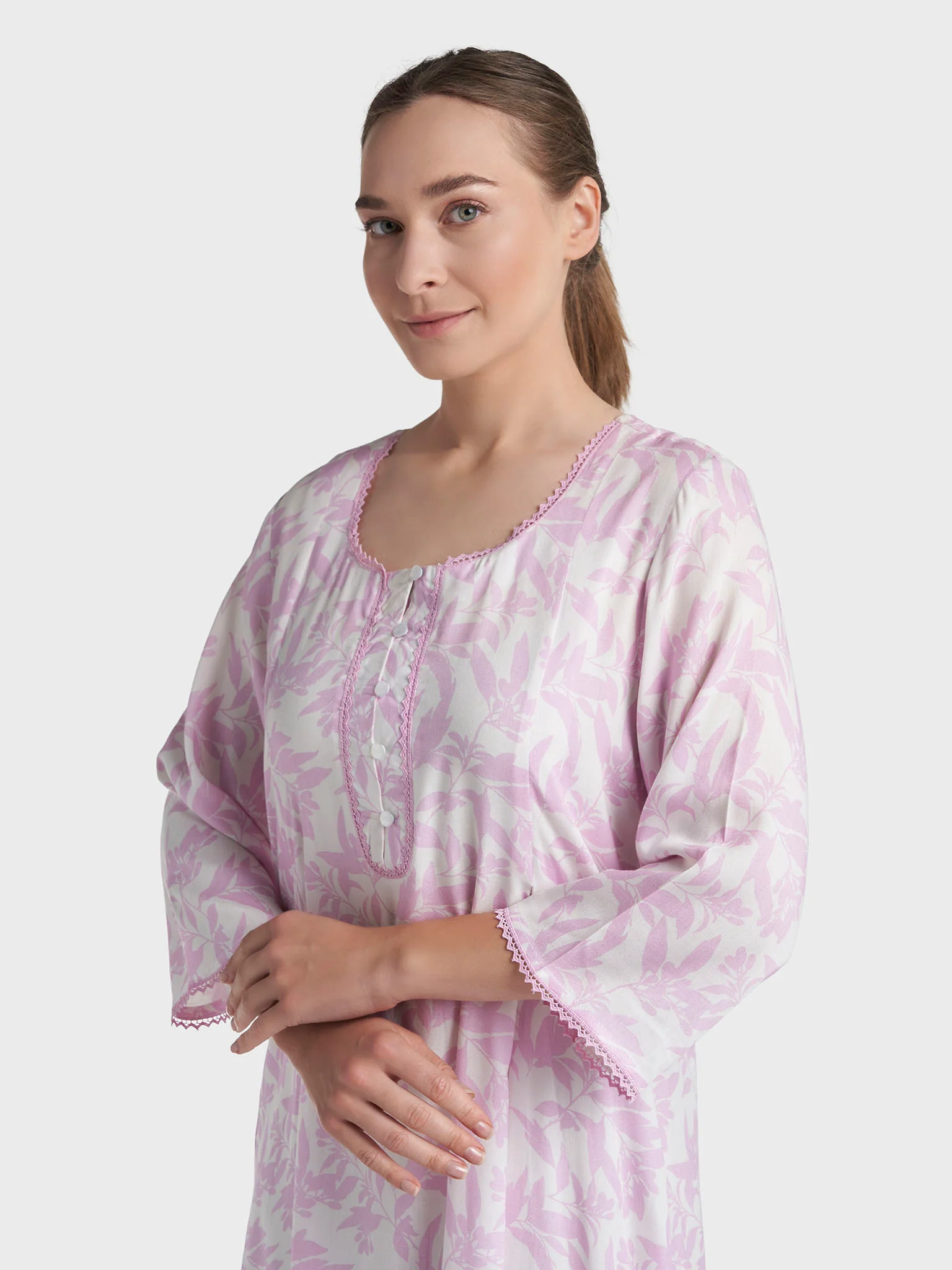 Light Lilac Rayon Leaf Printed Long Nightwear Dress (REM2924A)