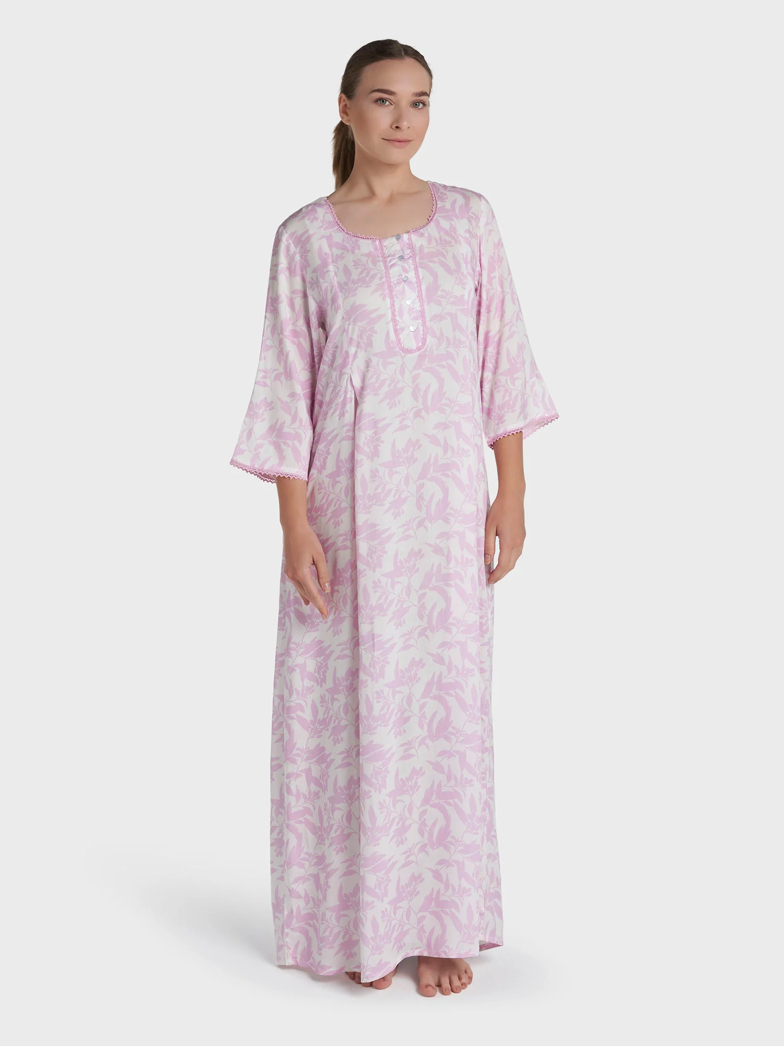 Light Lilac Rayon Leaf Printed Long Nightwear Dress (REM2924A) - Image 2