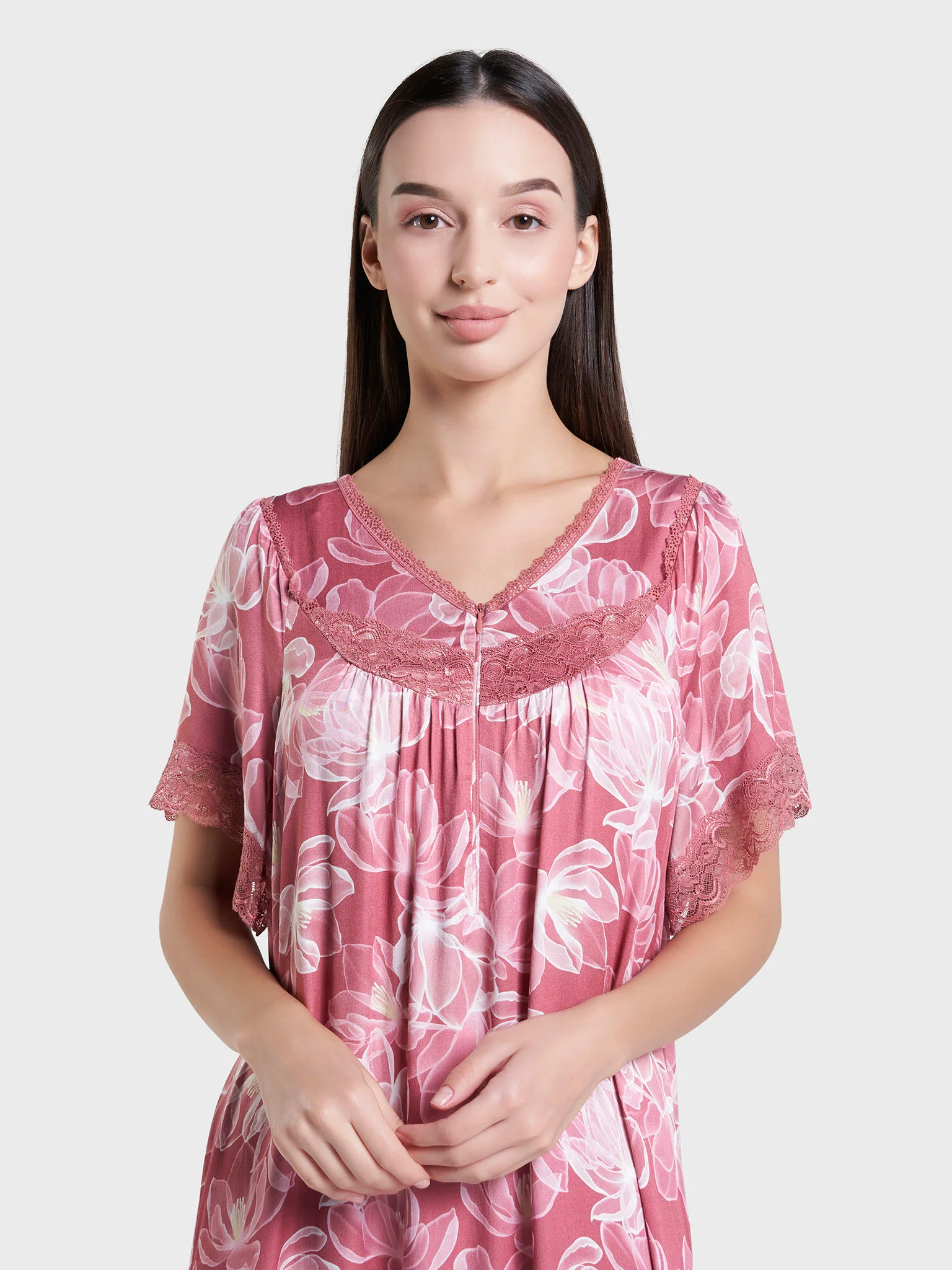 Rose Color Floral Print Viscose Mini Nightwear Dress (CNH474)