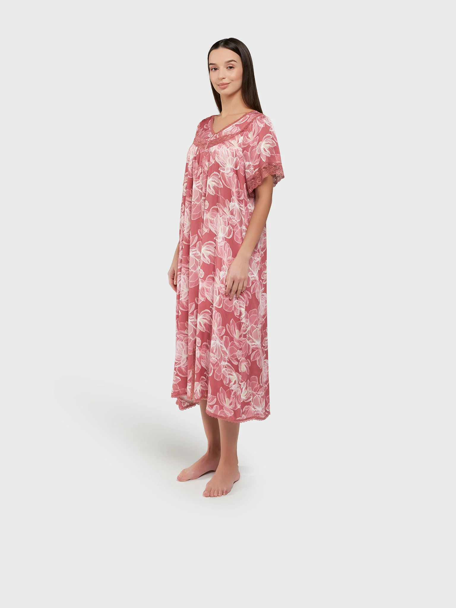 Rose Color Floral Print Viscose Mini Nightwear Dress (CNH474) - Image 3