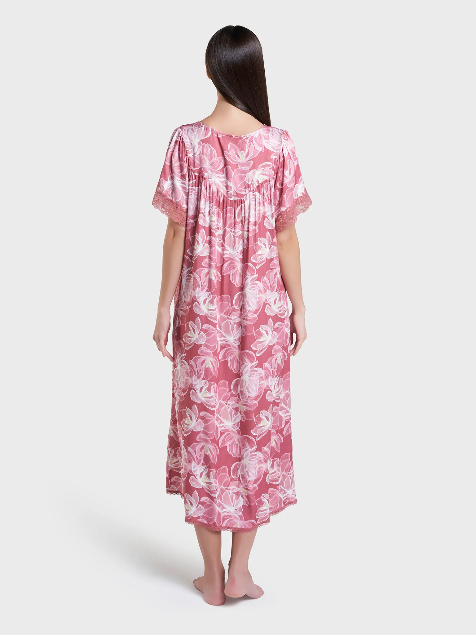 Rose Color Floral Print Viscose Mini Nightwear Dress (CNH474) - Image 4