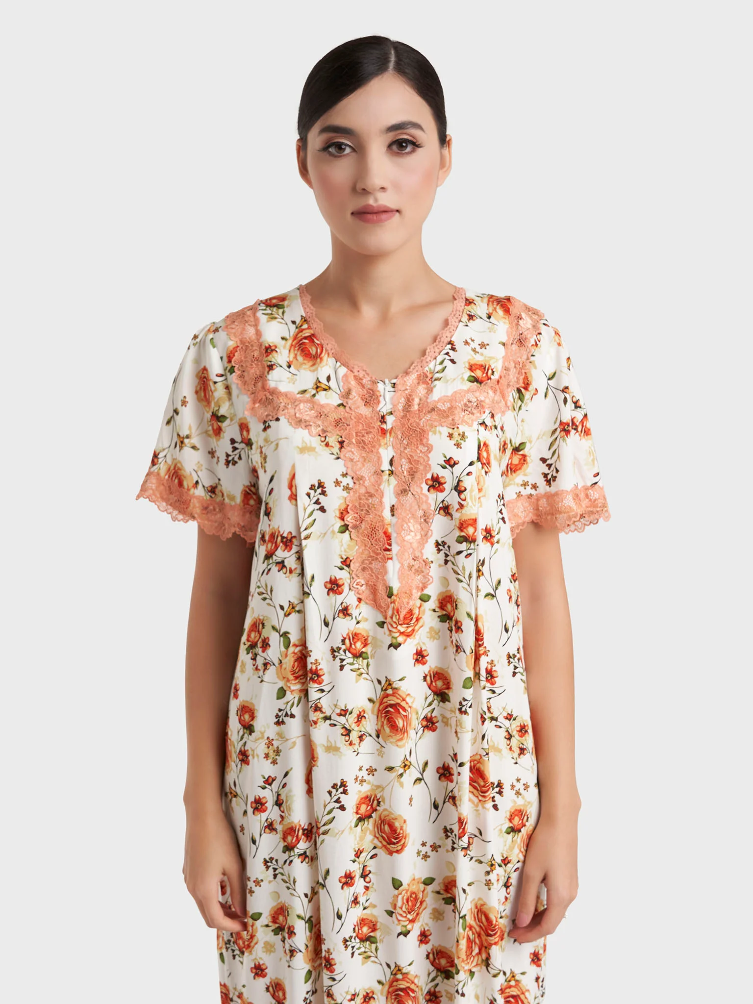 Rust Floral Print Rayon Mini Nightwear Dress (CNH485)