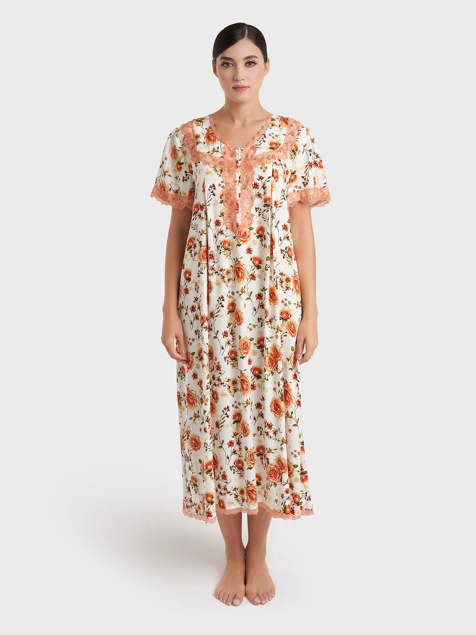 Rust Floral Print Rayon Mini Nightwear Dress (CNH485) - Image 2