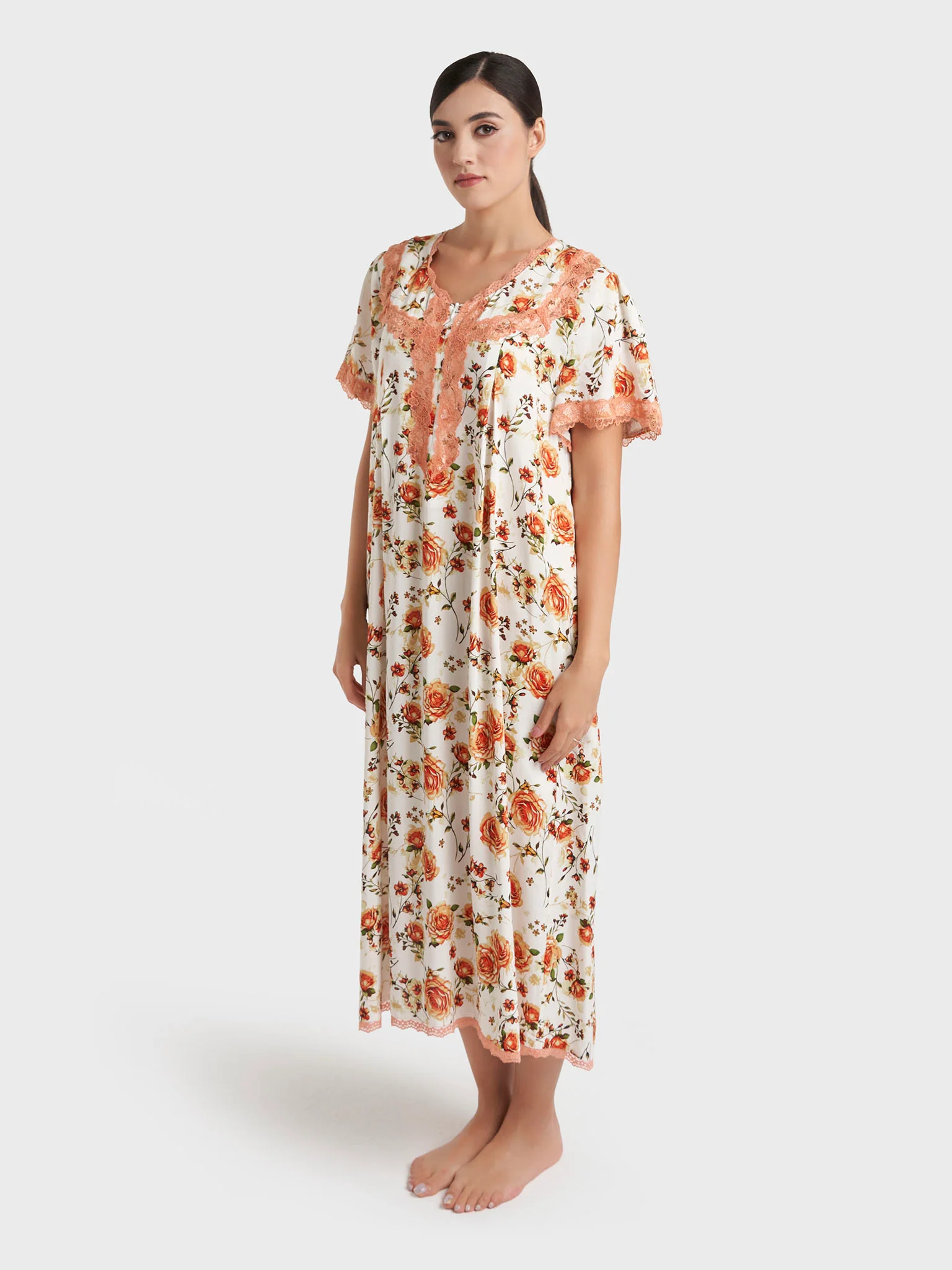 Rust Floral Print Rayon Mini Nightwear Dress (CNH485) - Image 3