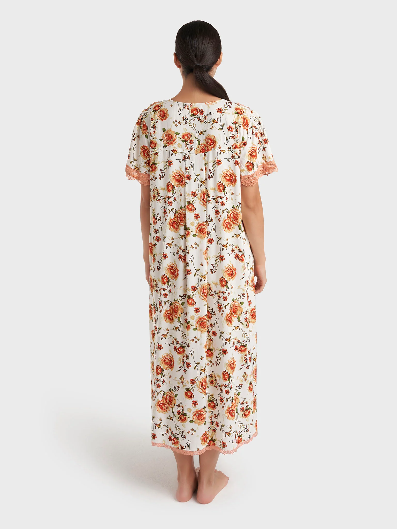 Rust Floral Print Rayon Mini Nightwear Dress (CNH485) - Image 4