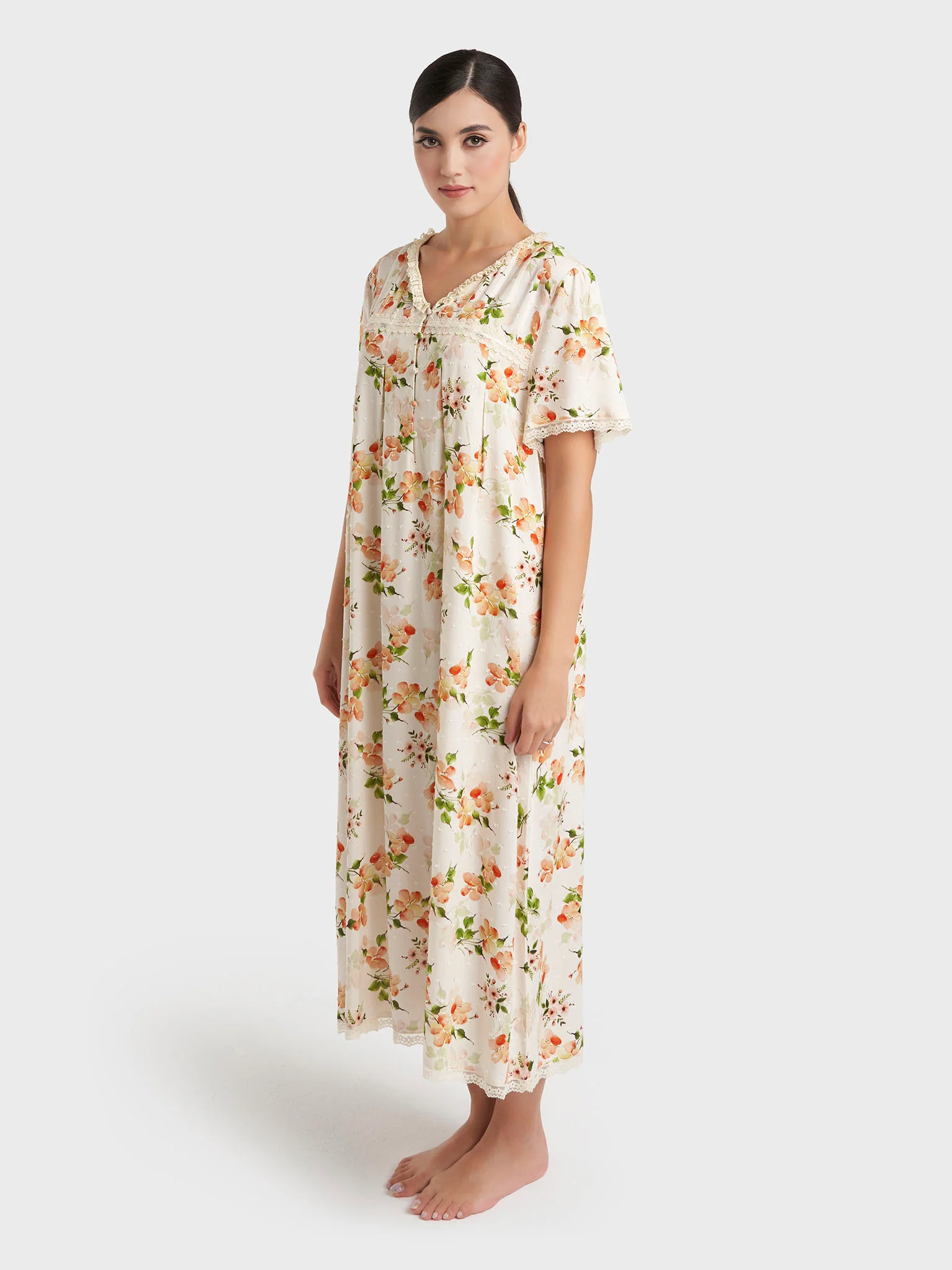 Apricot Print Rayon Mini Nightwear Dress (CNH486) - Image 3