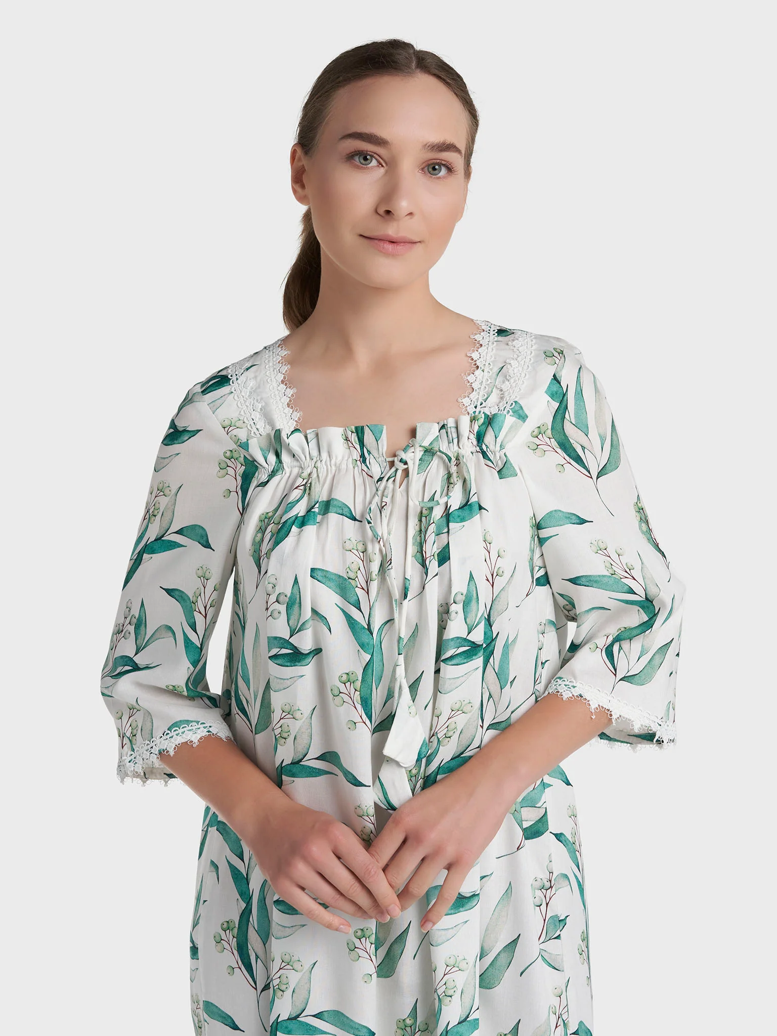 White Rayon Leaf Printed Short Nightwear Dress (REM2197B)