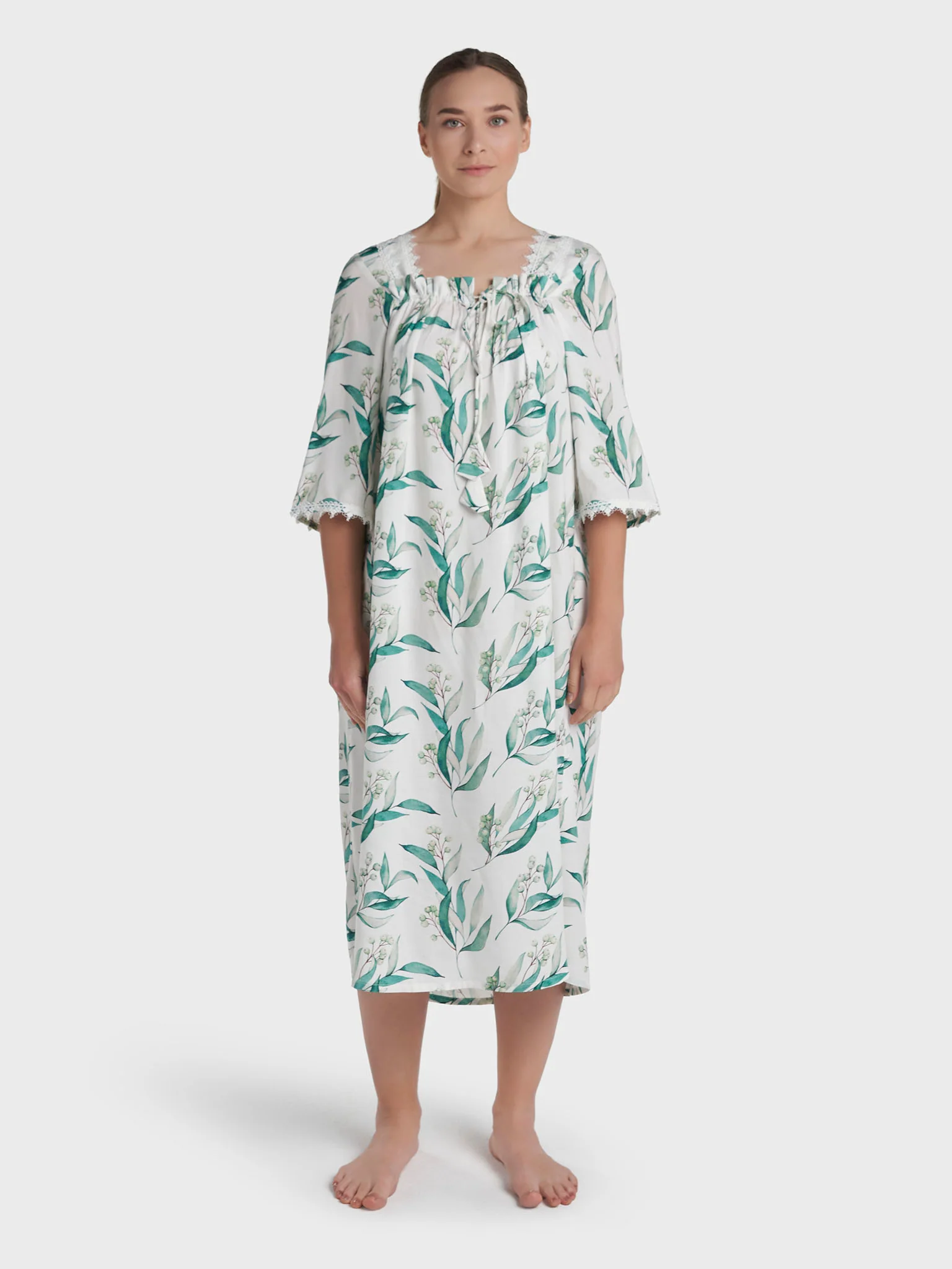 White Rayon Leaf Printed Short Nightwear Dress (REM2197B) - Image 2