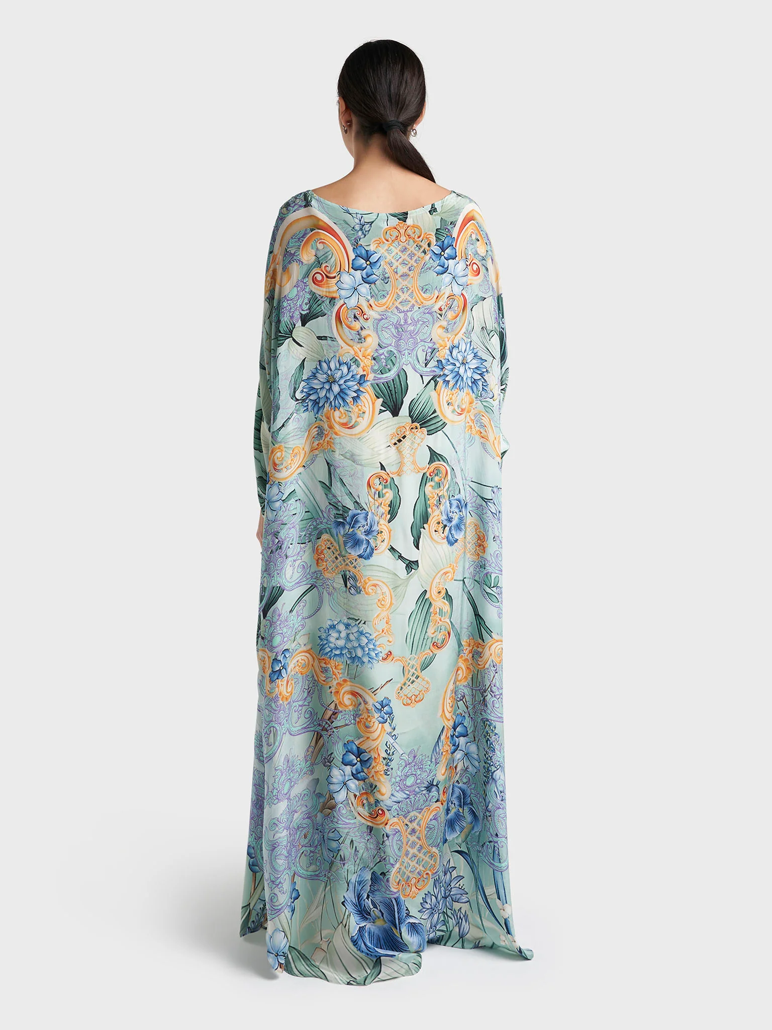 Dusty Green Colour Motif Printed Viscose Hand Work Poncho (VDT14) - Image 4