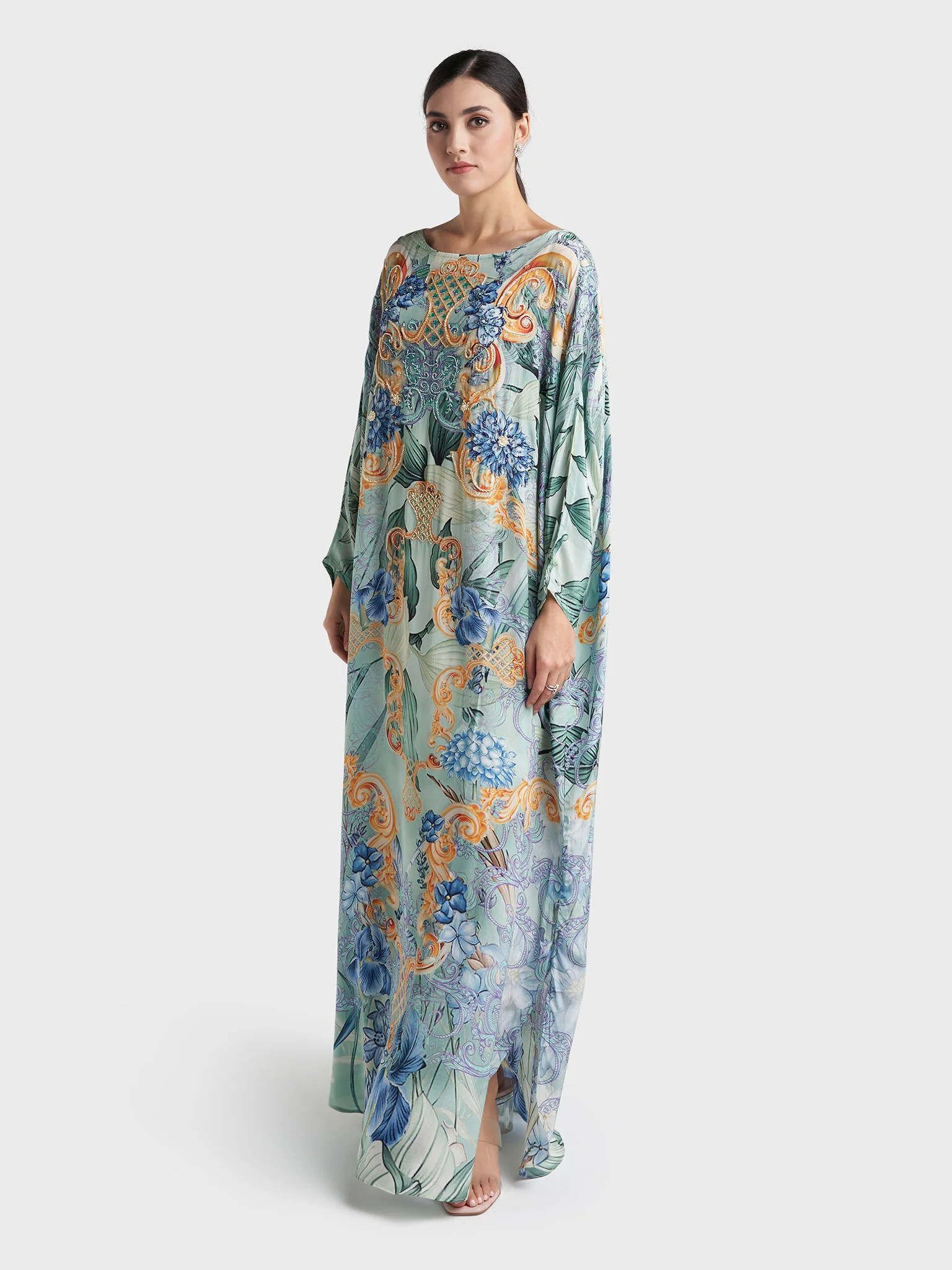Dusty Green Colour Motif Printed Viscose Hand Work Poncho (VDT14) - Image 8