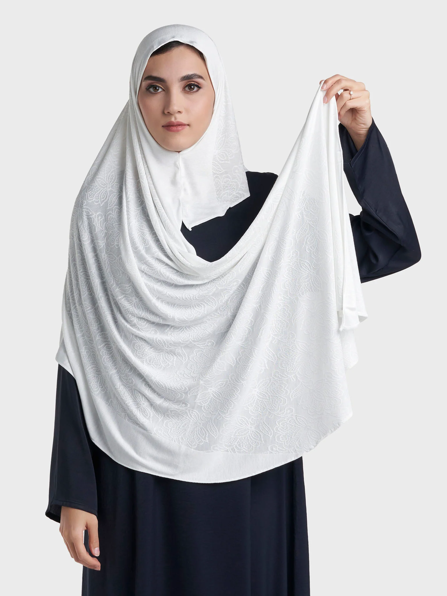 Floral Jacquard Self Print Ready to Wear Jersey Hijab (SRKP22132L) - Image 48