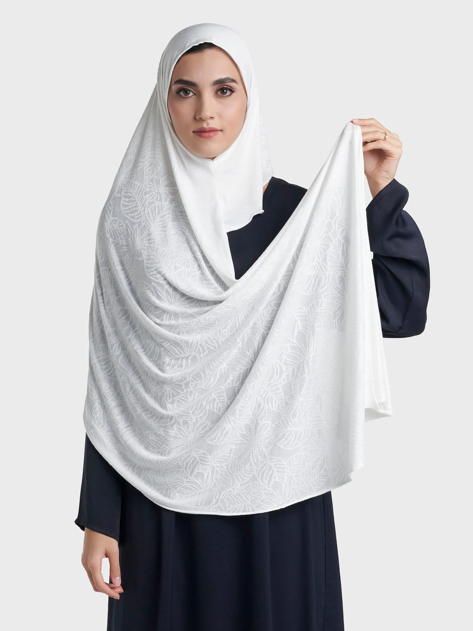 Floral Jacquard Self Print Ready to Wear Jersey Hijab (SRKP22133L) - Image 48