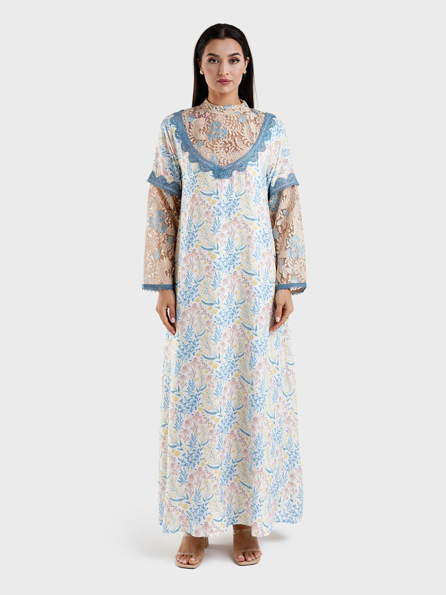 Viscose Peach Floral Print Jalabiya with Dantel (HW06) - Image 2