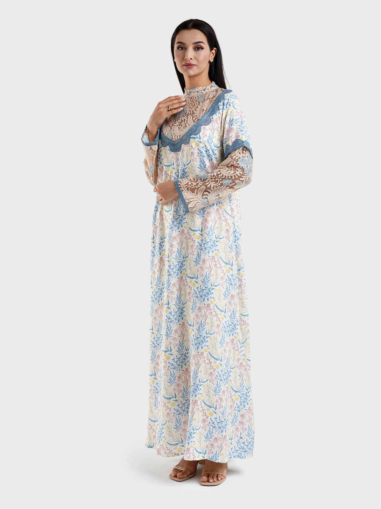 Viscose Peach Floral Print Jalabiya with Dantel (HW06) - Image 3