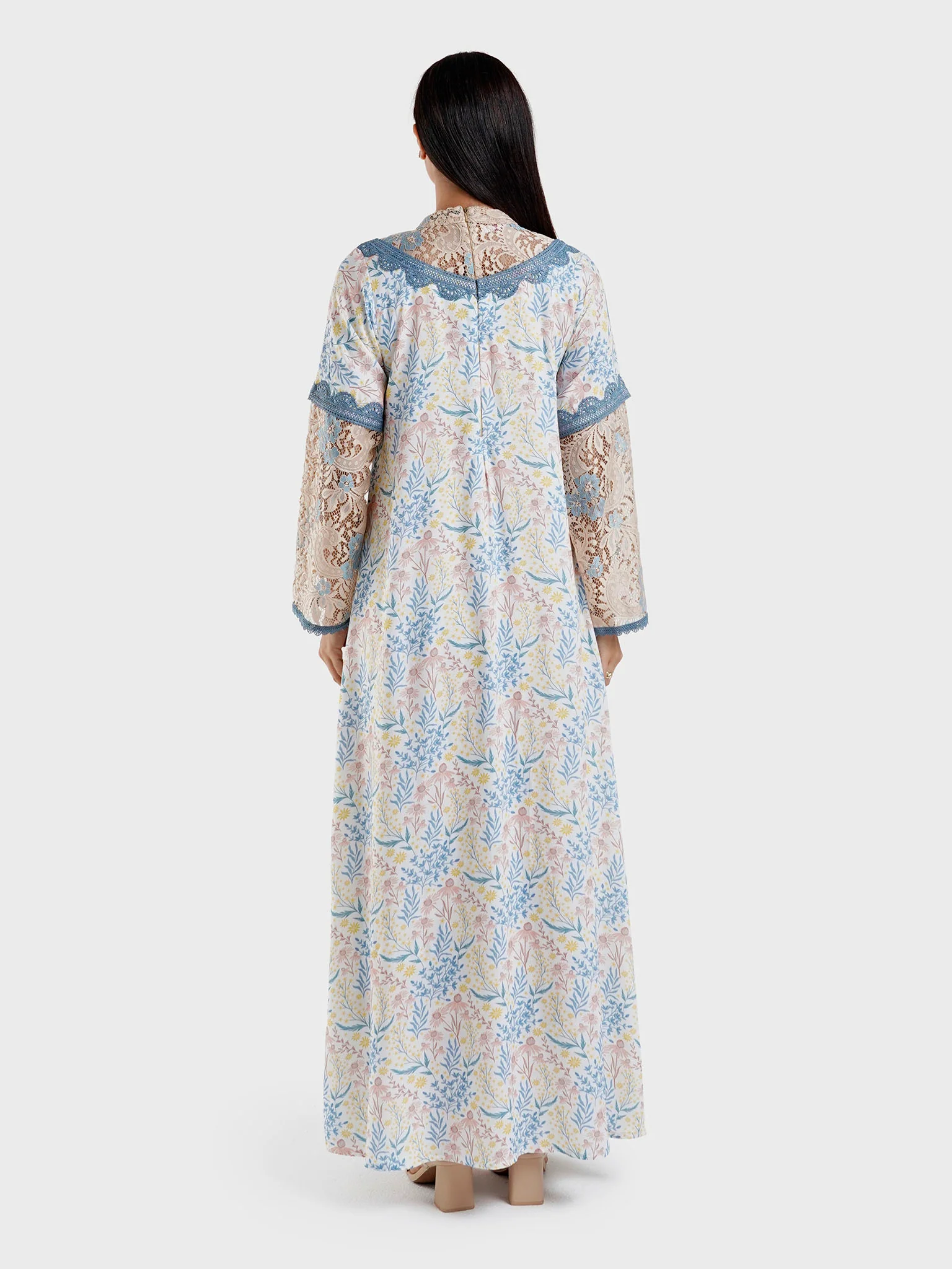 Viscose Peach Floral Print Jalabiya with Dantel (HW06) - Image 4