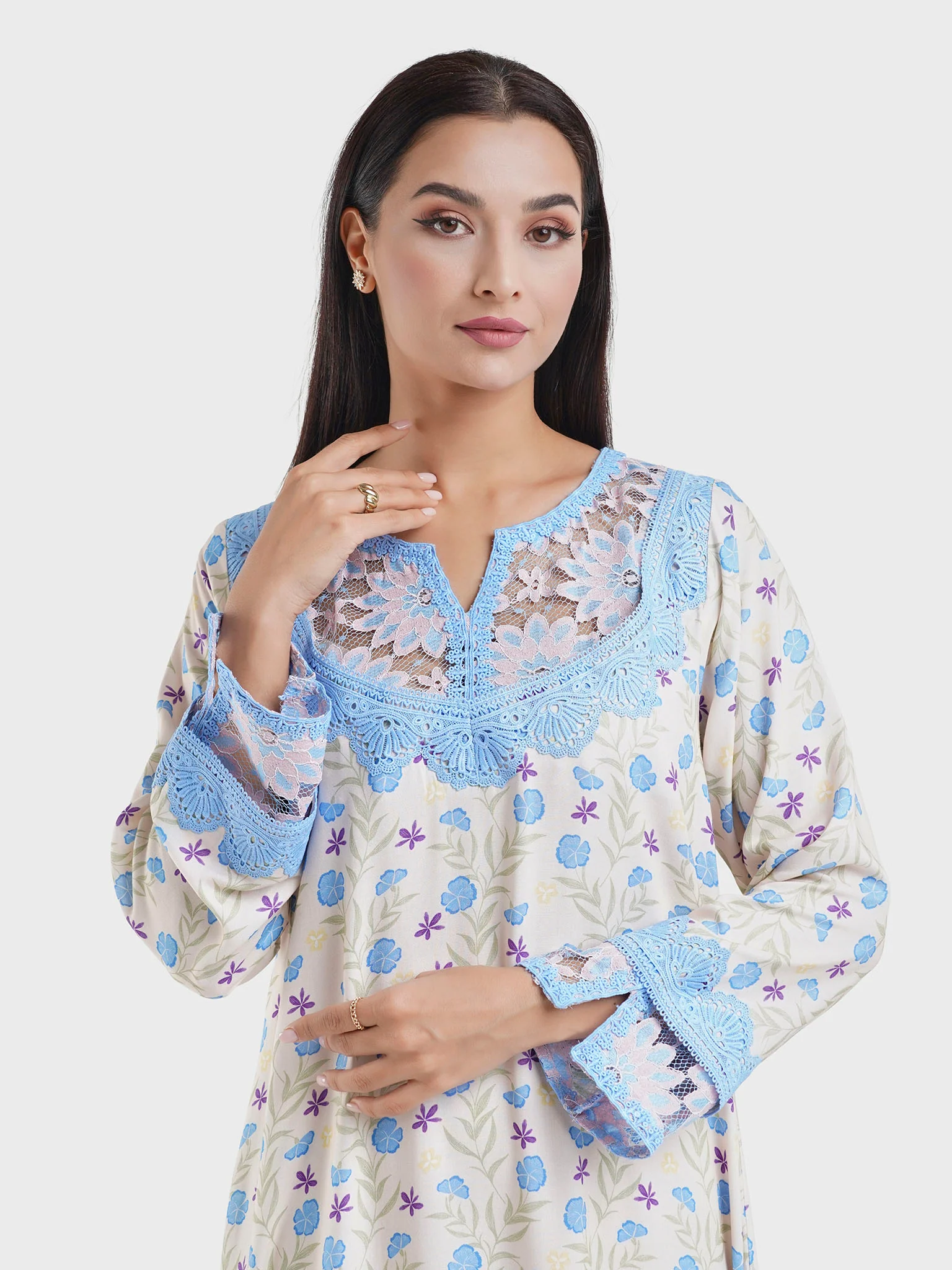 Viscose Floral Print Skyblue Dantel Patch Jalabiya (HW08)