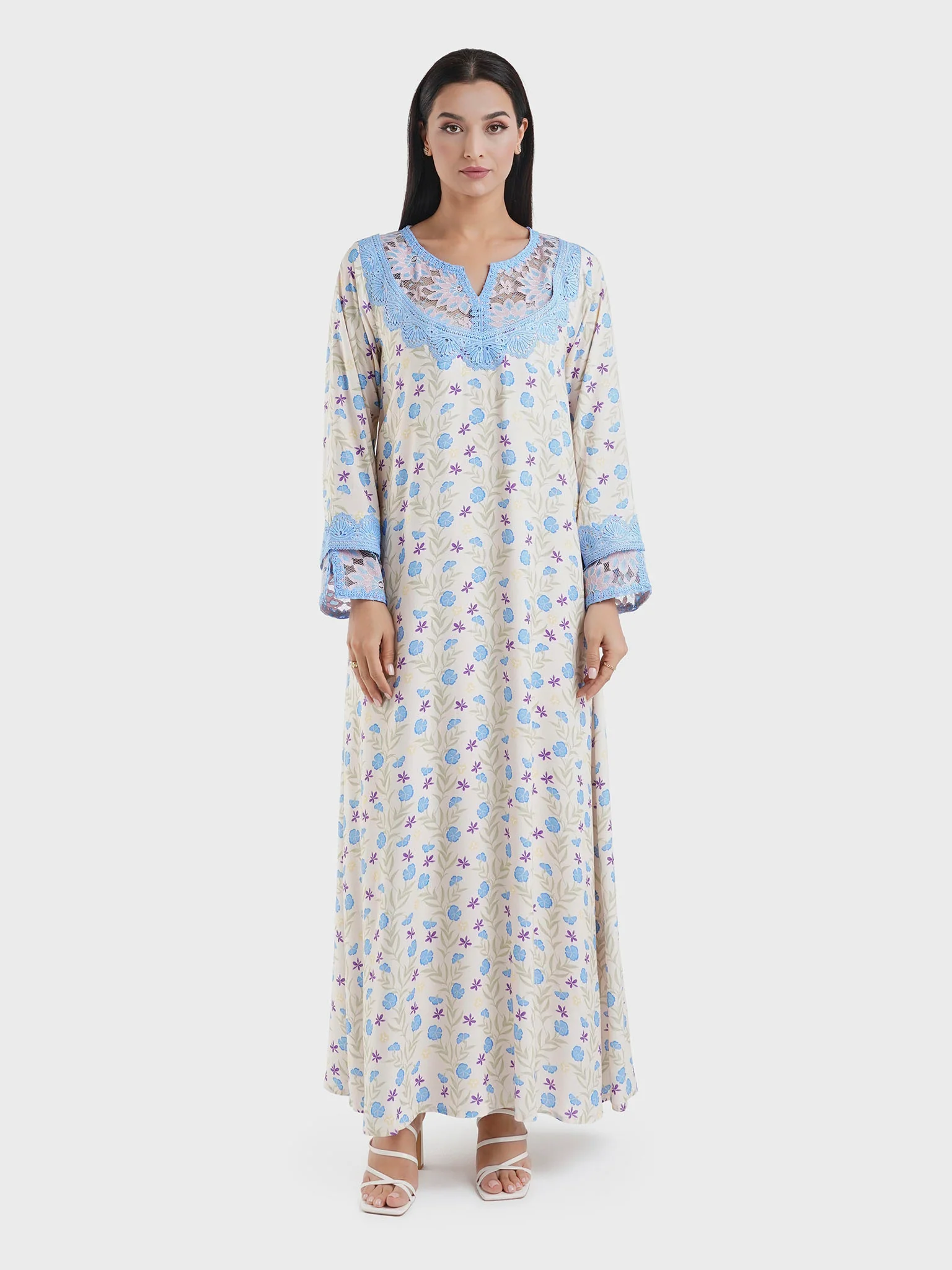Viscose Floral Print Skyblue Dantel Patch Jalabiya (HW08) - Image 2