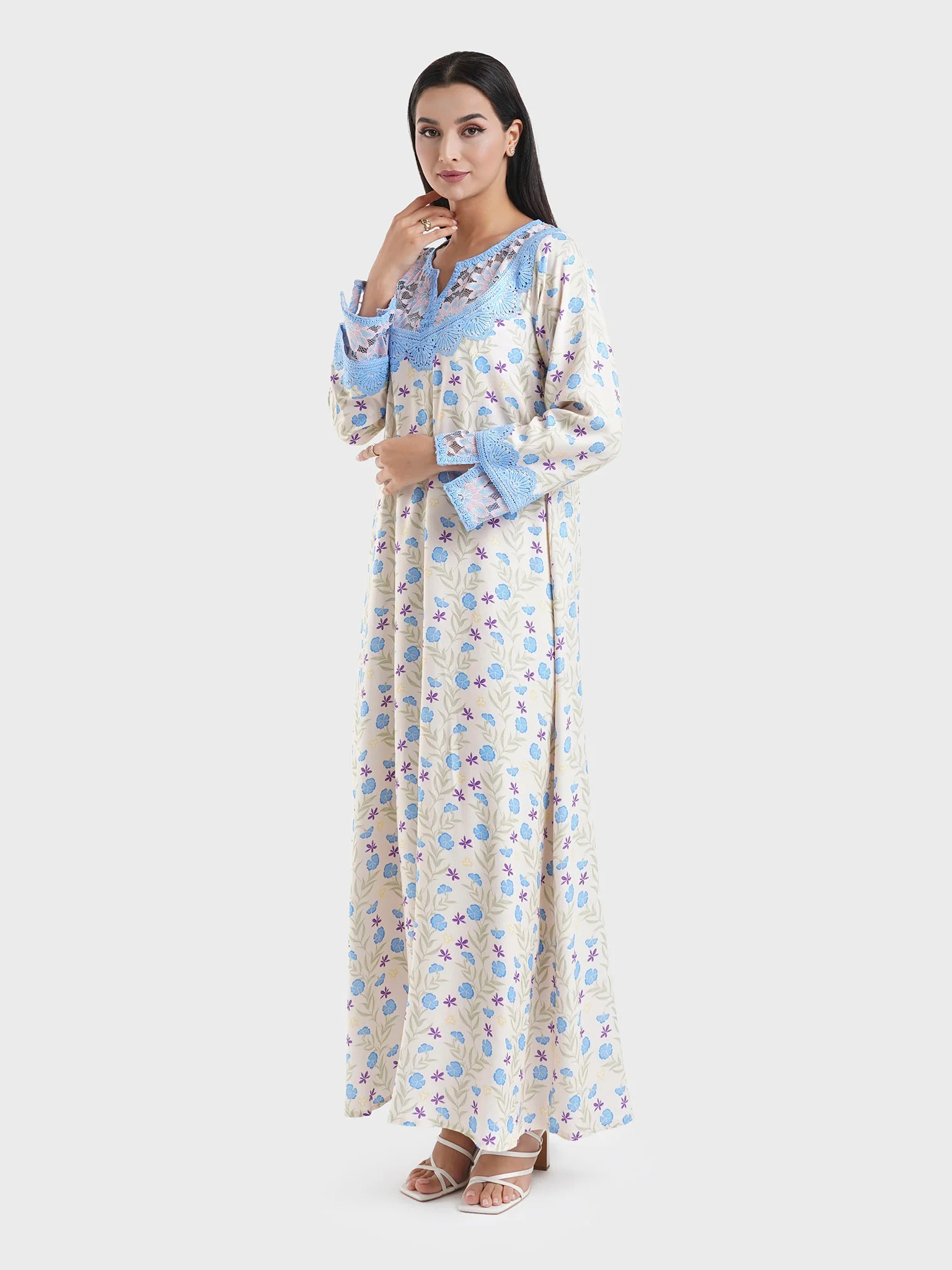 Viscose Floral Print Skyblue Dantel Patch Jalabiya (HW08) - Image 3