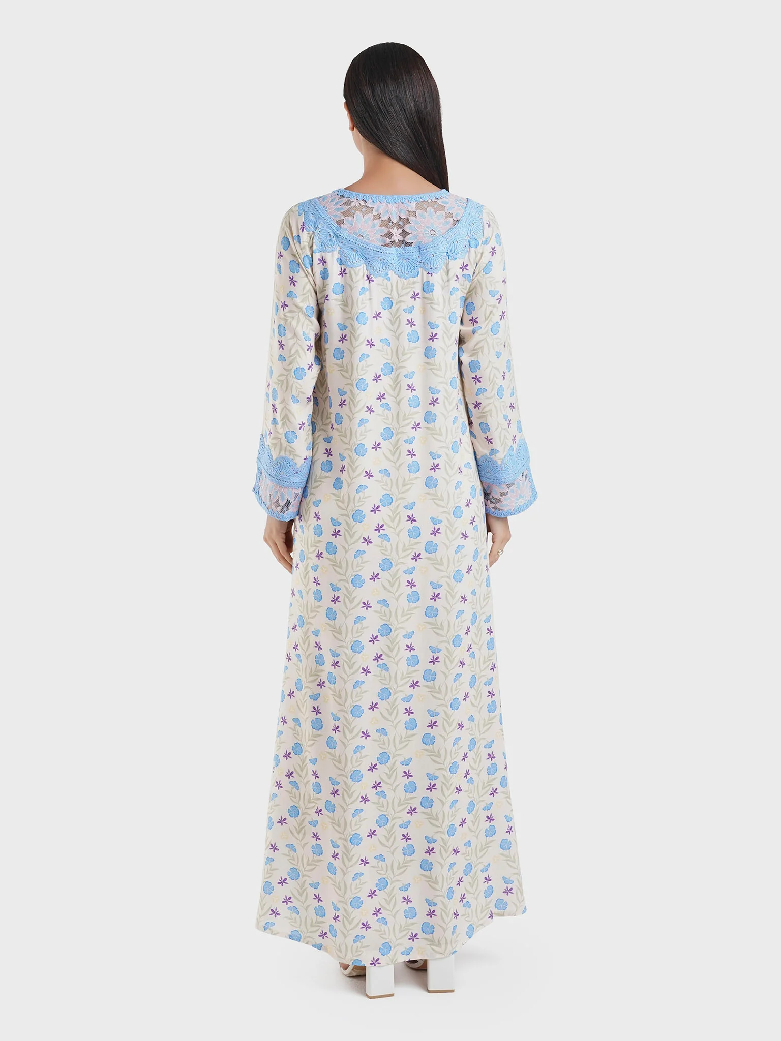 Viscose Floral Print Skyblue Dantel Patch Jalabiya (HW08) - Image 4