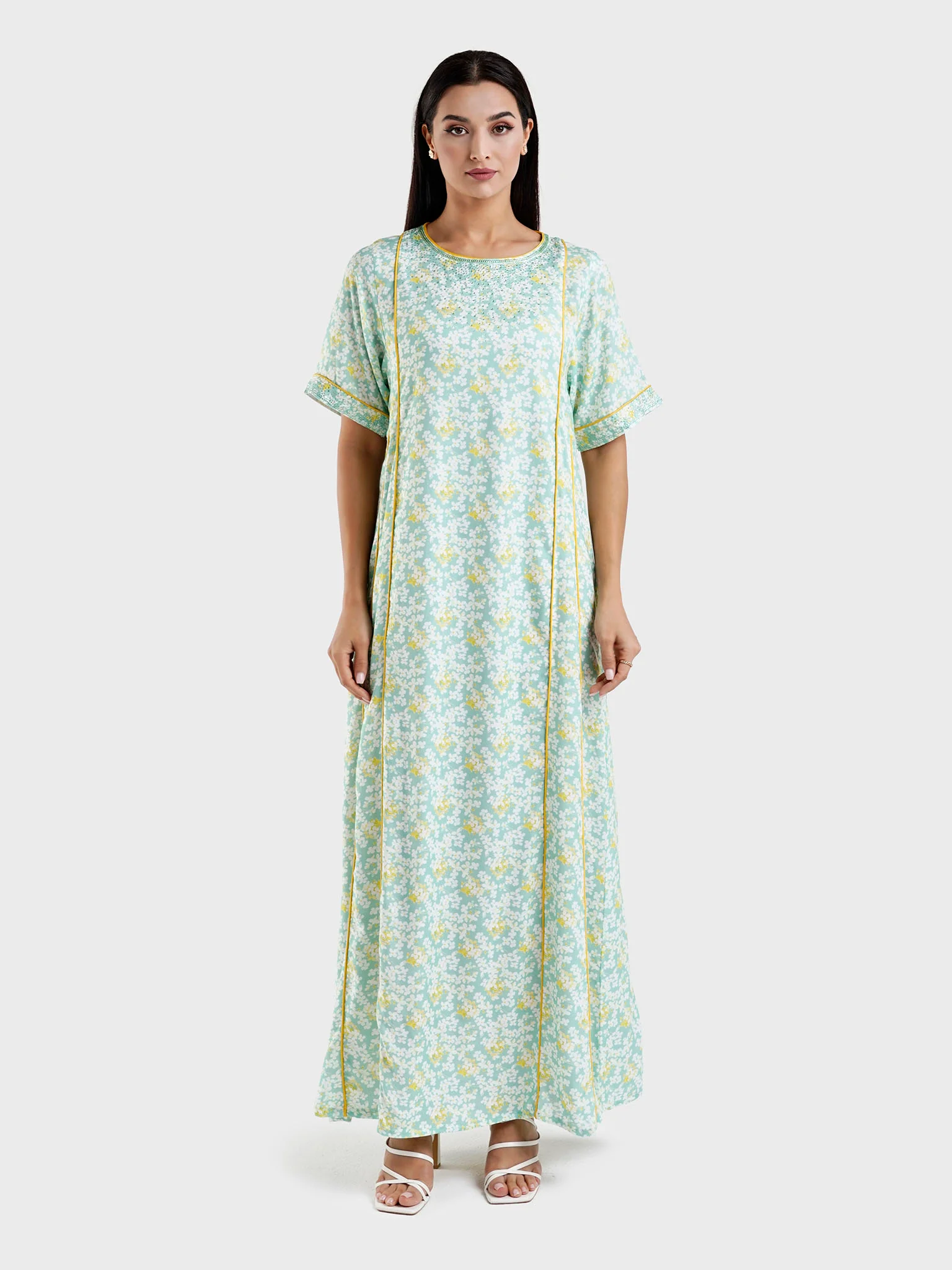 Viscose Green Floral Print Jalabiya (HW09) - Image 2