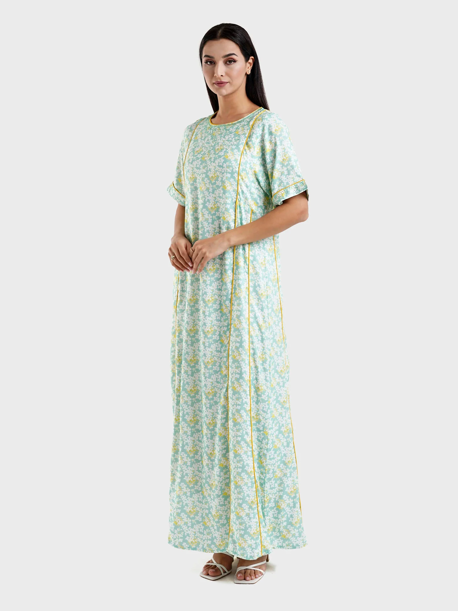 Viscose Green Floral Print Jalabiya (HW09) - Image 3