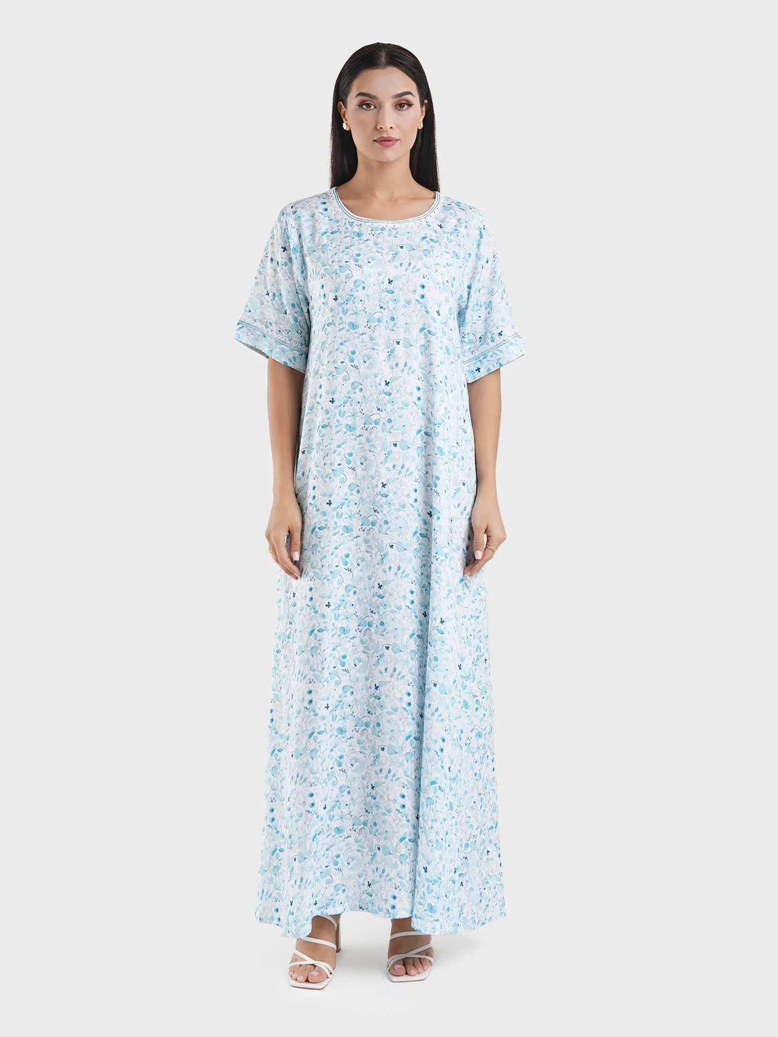 Viscose Blue Floral Print Homewear Jalabiya (HW10) - Image 2