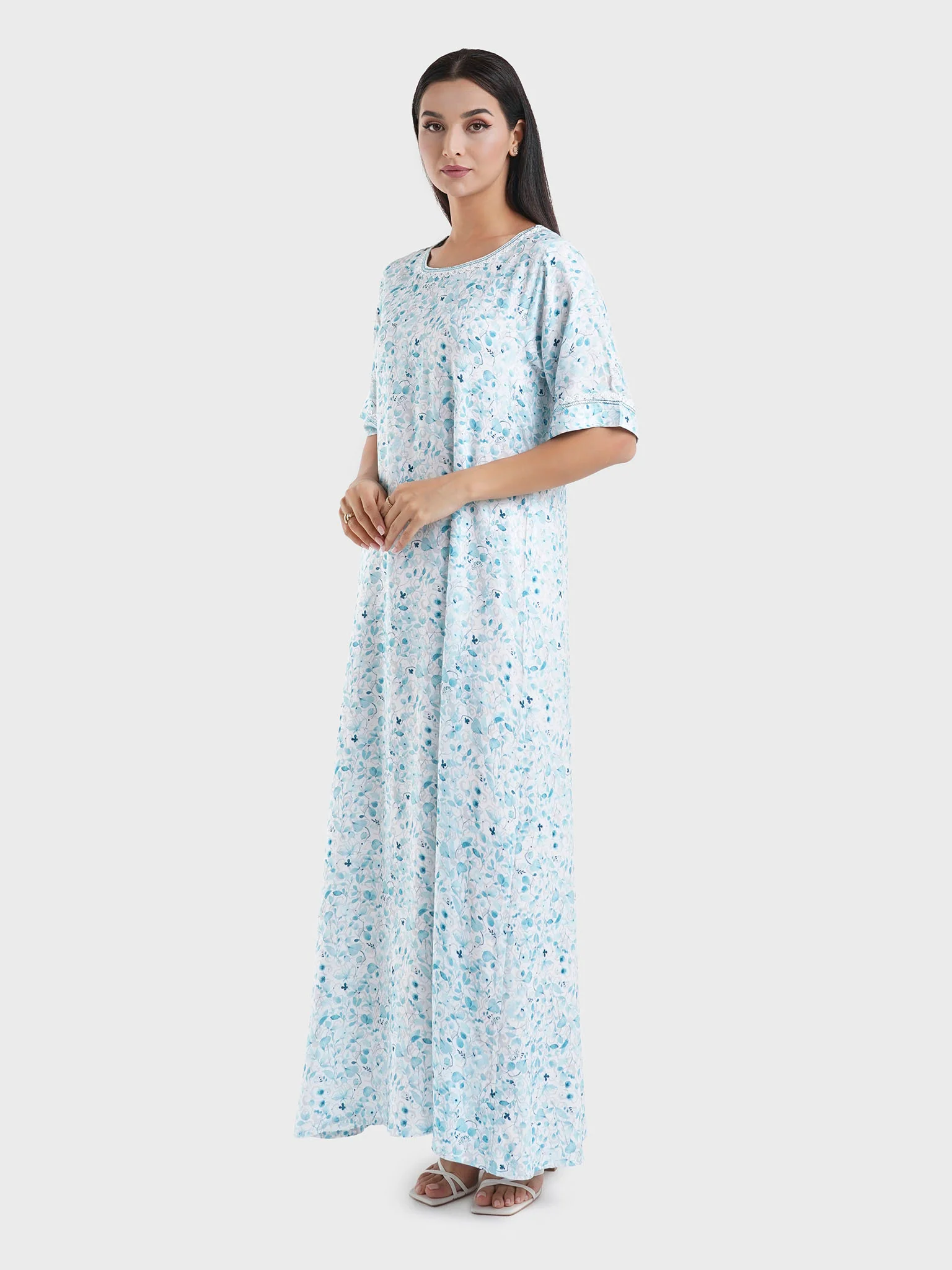 Viscose Blue Floral Print Homewear Jalabiya (HW10) - Image 3