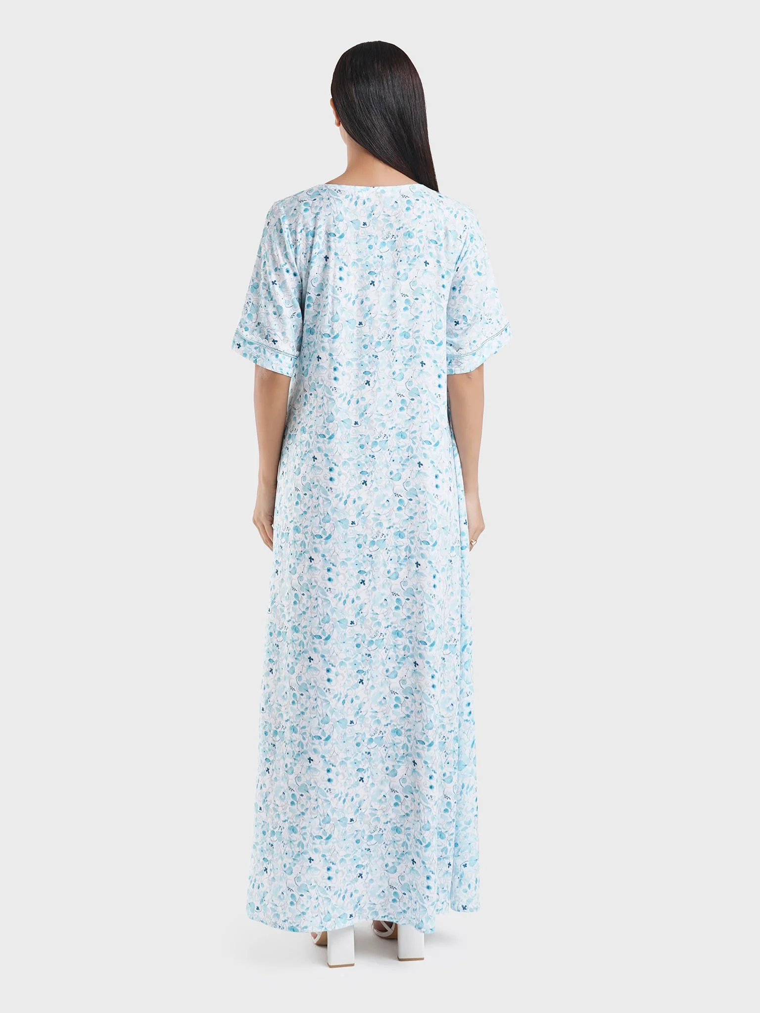 Viscose Blue Floral Print Homewear Jalabiya (HW10) - Image 4