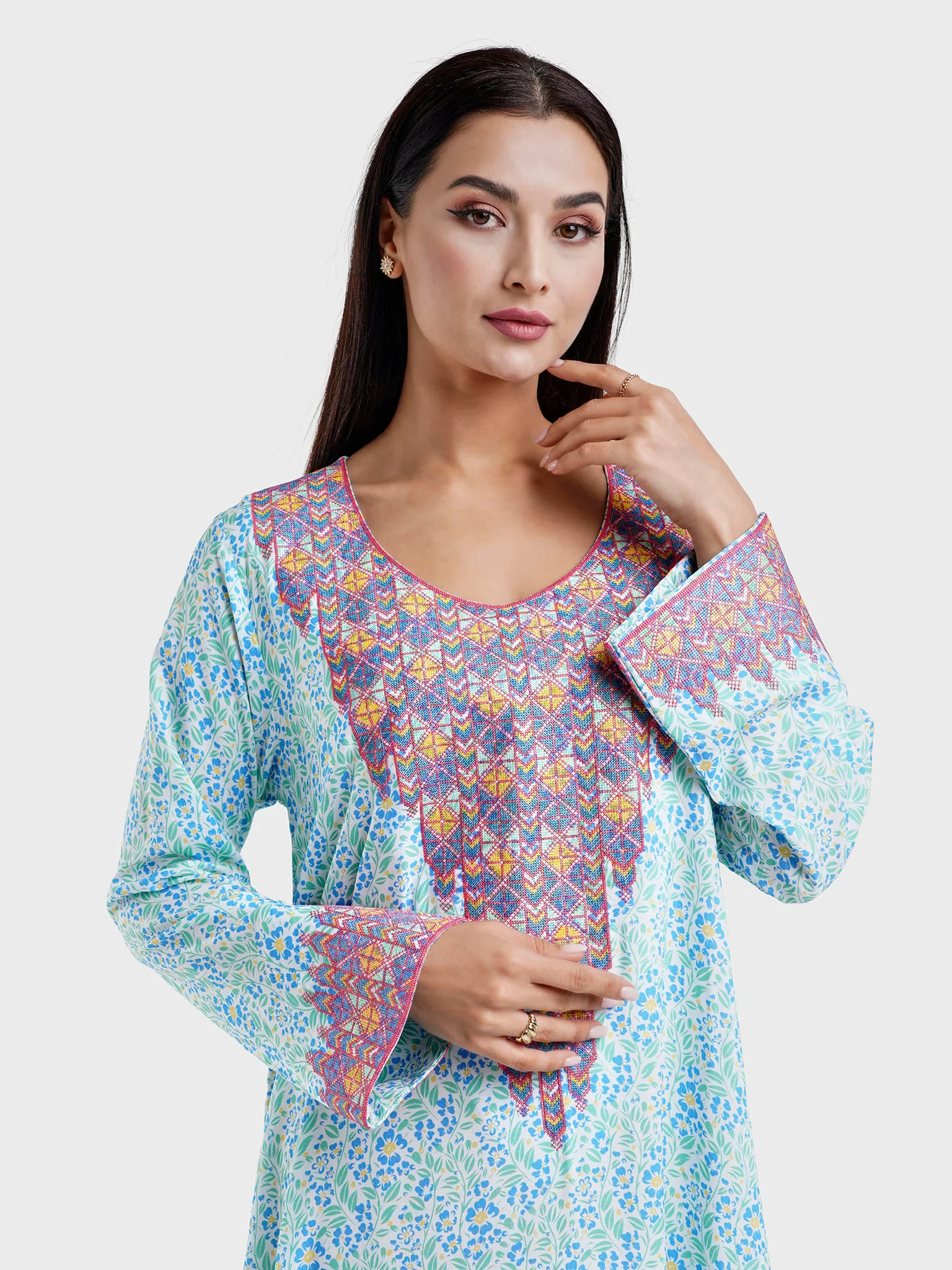 Viscose Green Floral Print Embroidery Jalabiya (HW11)