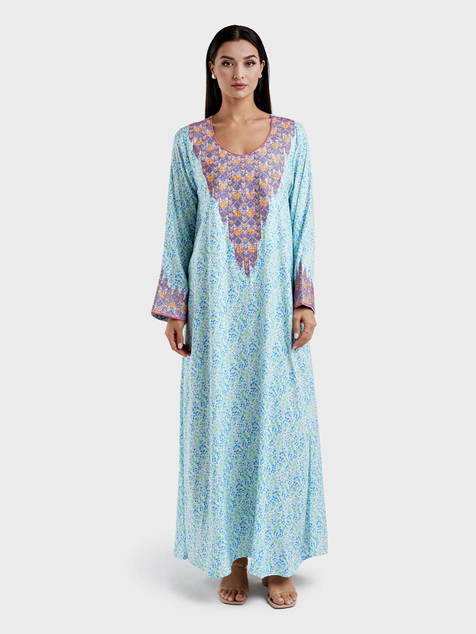 Viscose Green Floral Print Embroidery Jalabiya (HW11) - Image 2