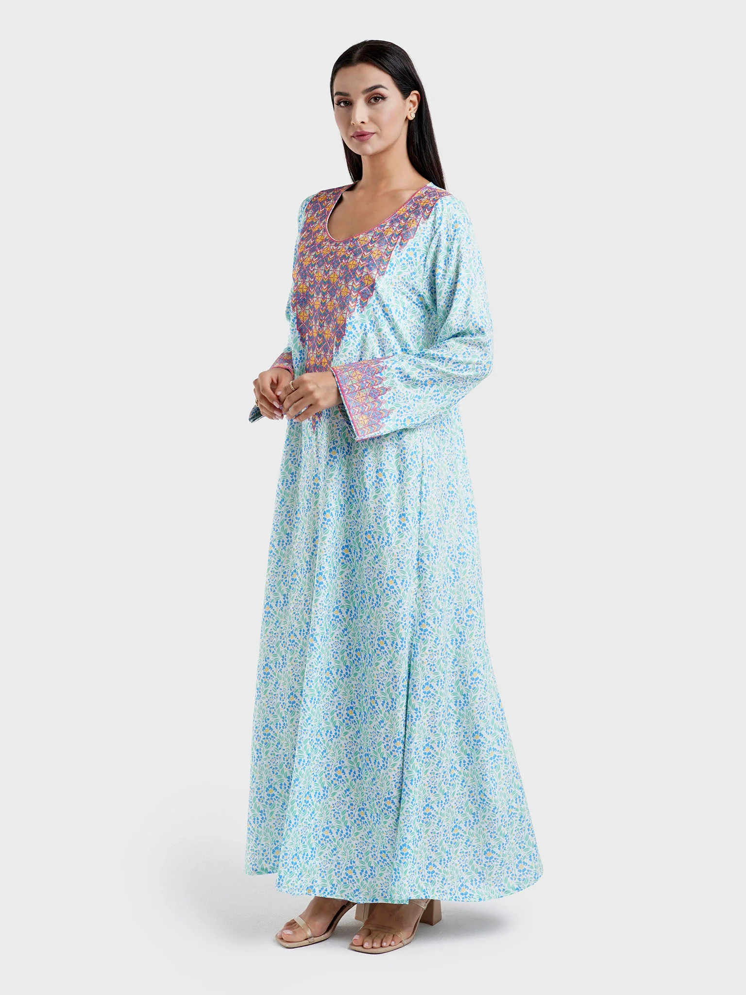 Viscose Green Floral Print Embroidery Jalabiya (HW11) - Image 3