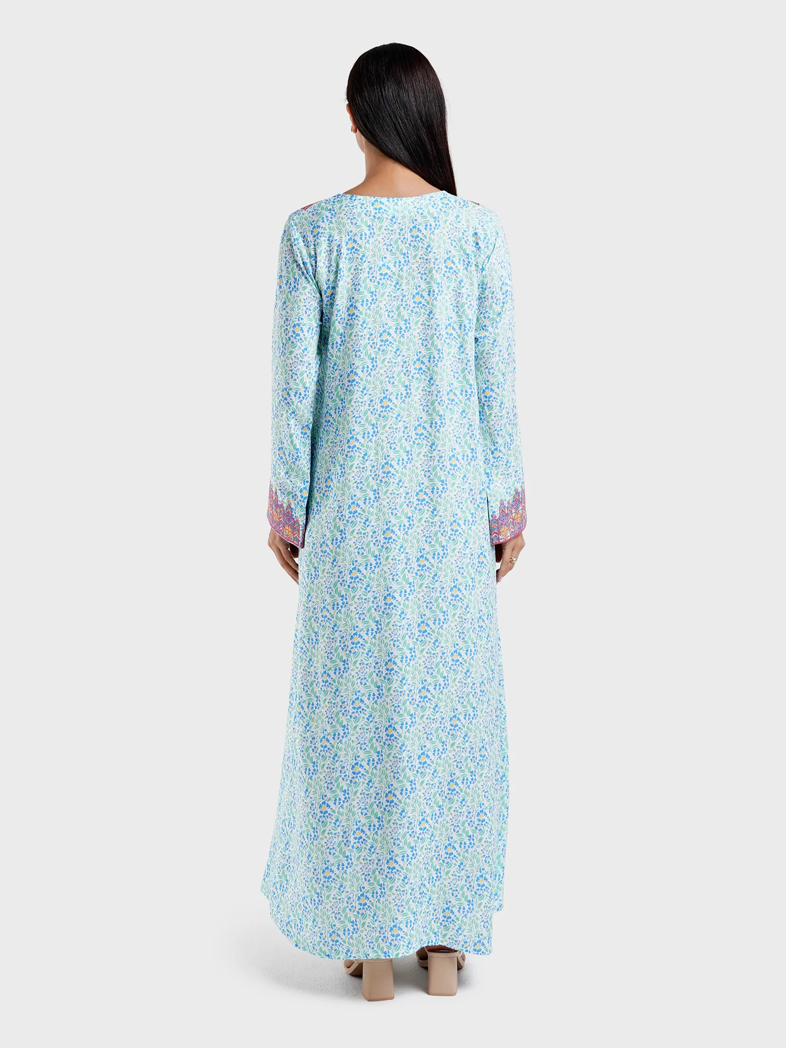 Viscose Green Floral Print Embroidery Jalabiya (HW11) - Image 4