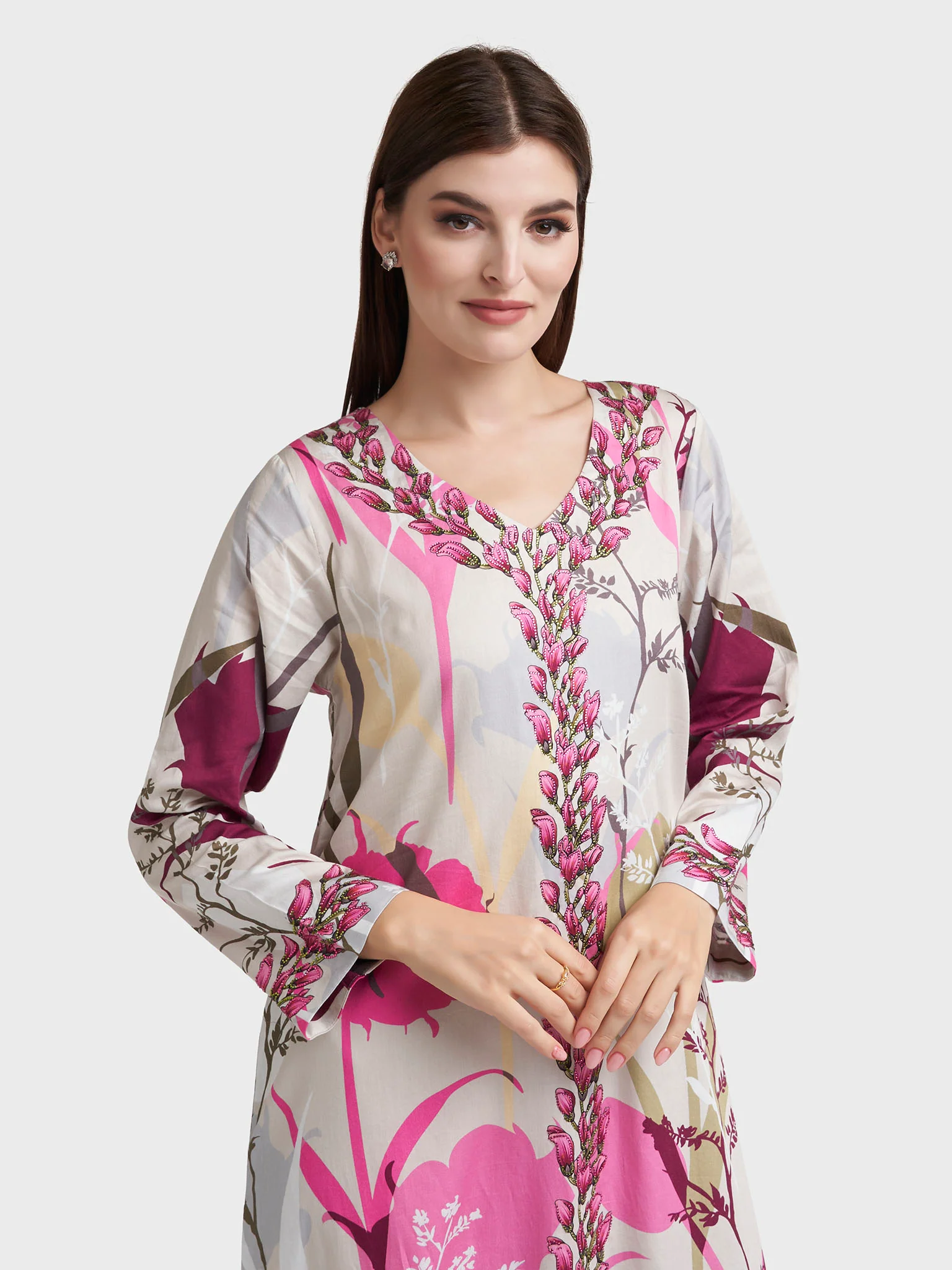 Cream Cotton Satin Floral Print Jalabiya (VDE113)