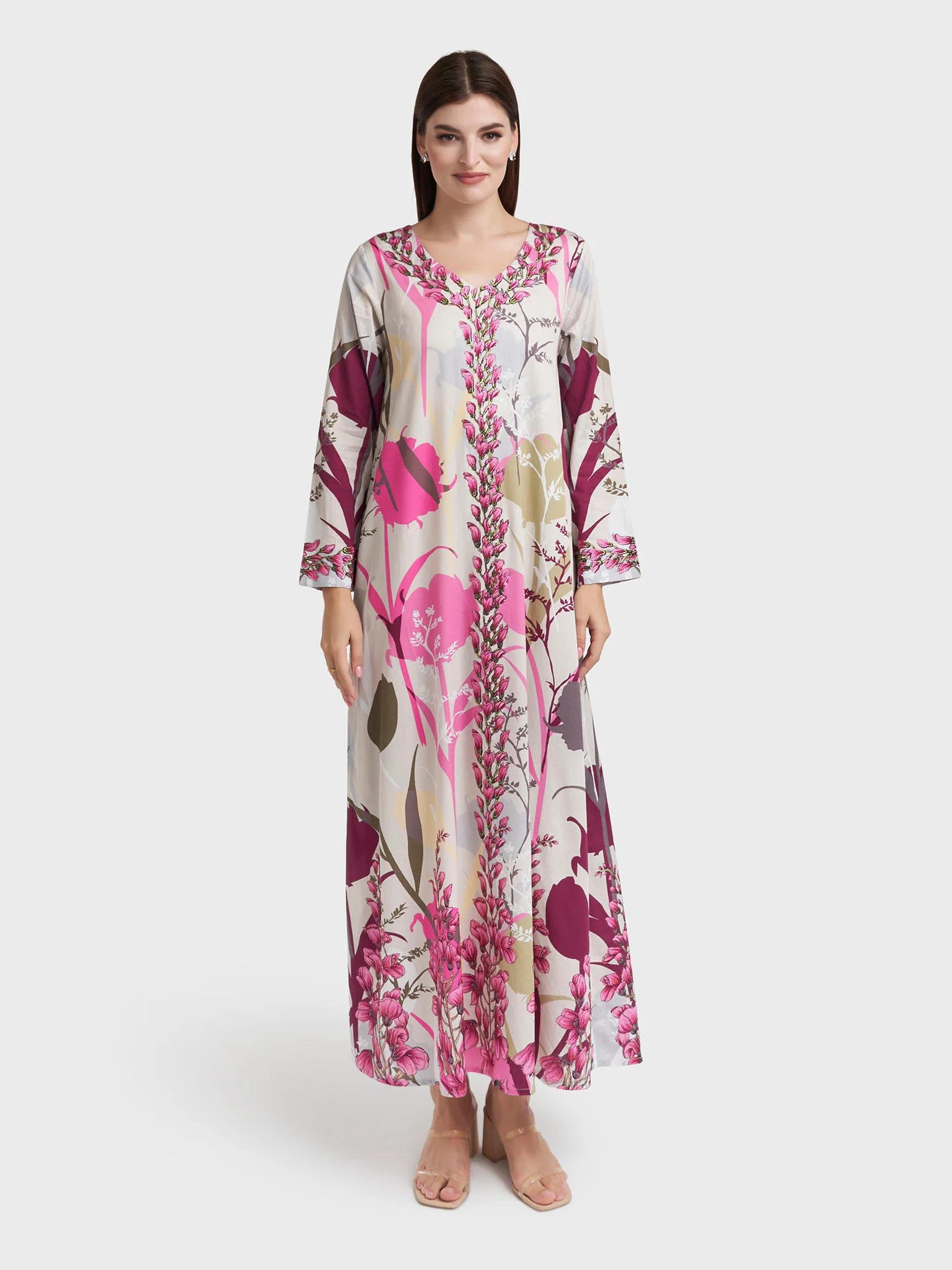 Cream Cotton Satin Floral Print Jalabiya (VDE113) - Image 2