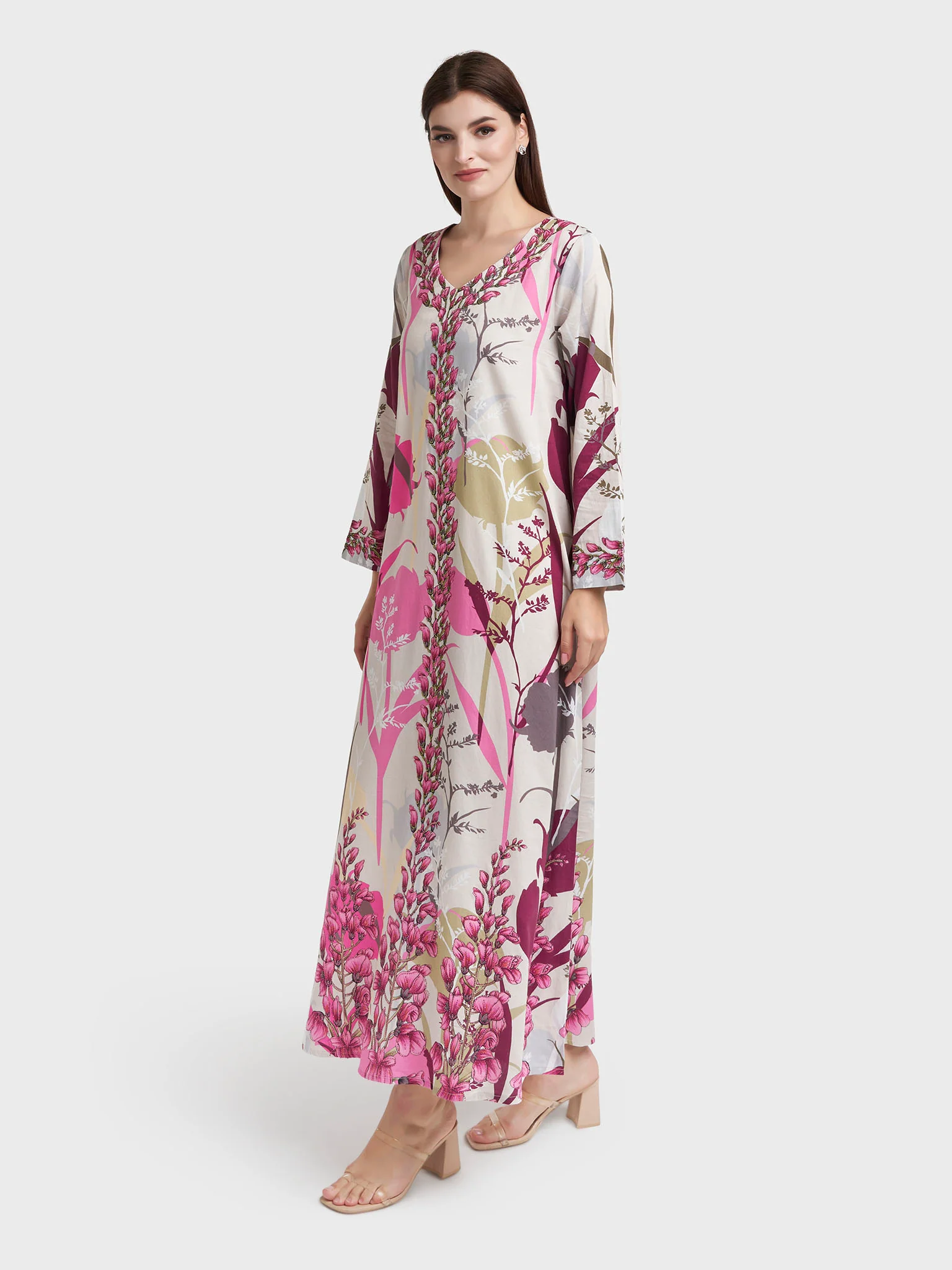 Cream Cotton Satin Floral Print Jalabiya (VDE113) - Image 3
